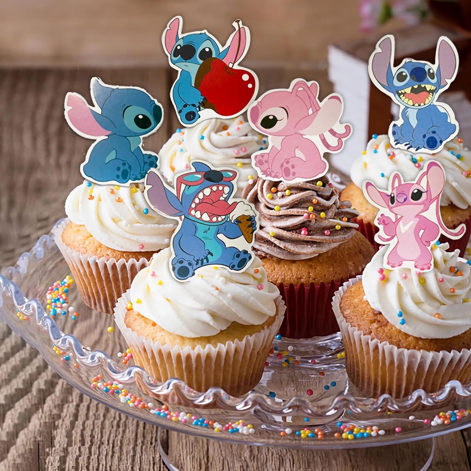 48 piezas de puntada para cupcakes, suministros de fiesta de cumpleaños, decoraciones de fiesta temática de puntada