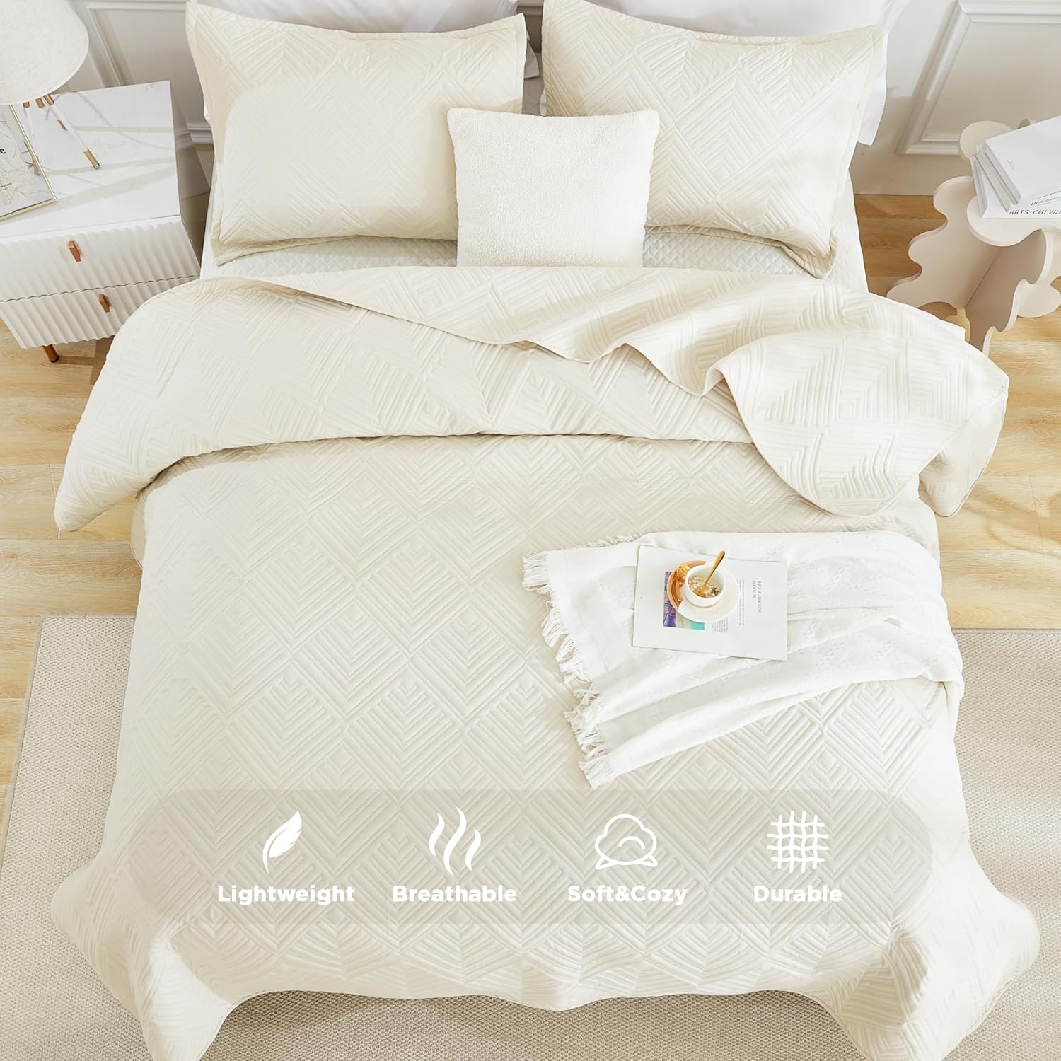 Andency Juego de edredón de 3 piezas tamaño California King, color beige, ropa de cama de verano suave y ligera, con patrón geométrico clásico color