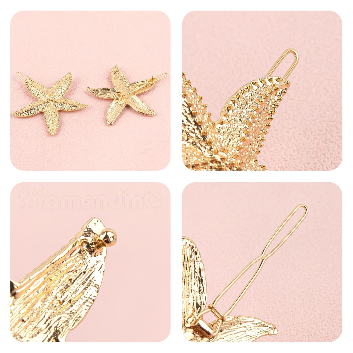 Framendino, Paquete de 8 pinzas para el cabello de estrella de mar, horquilla de sirena para mujeres y niñas, color dorado