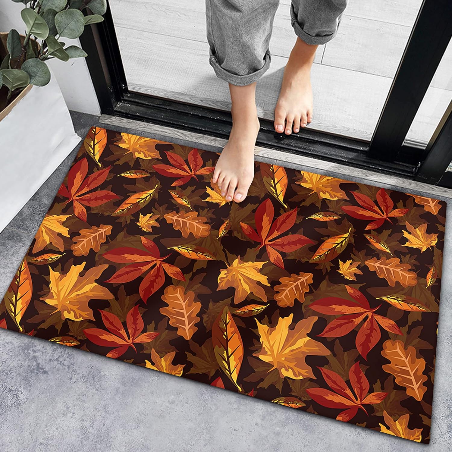 Bath Rugs Entrance Non Slip Front Door Mat Farmhouse Retro Maple Leaf Art Kitchen Carpets Fall Thanksgiving Floor Mats for Bathroom Bedroom Living