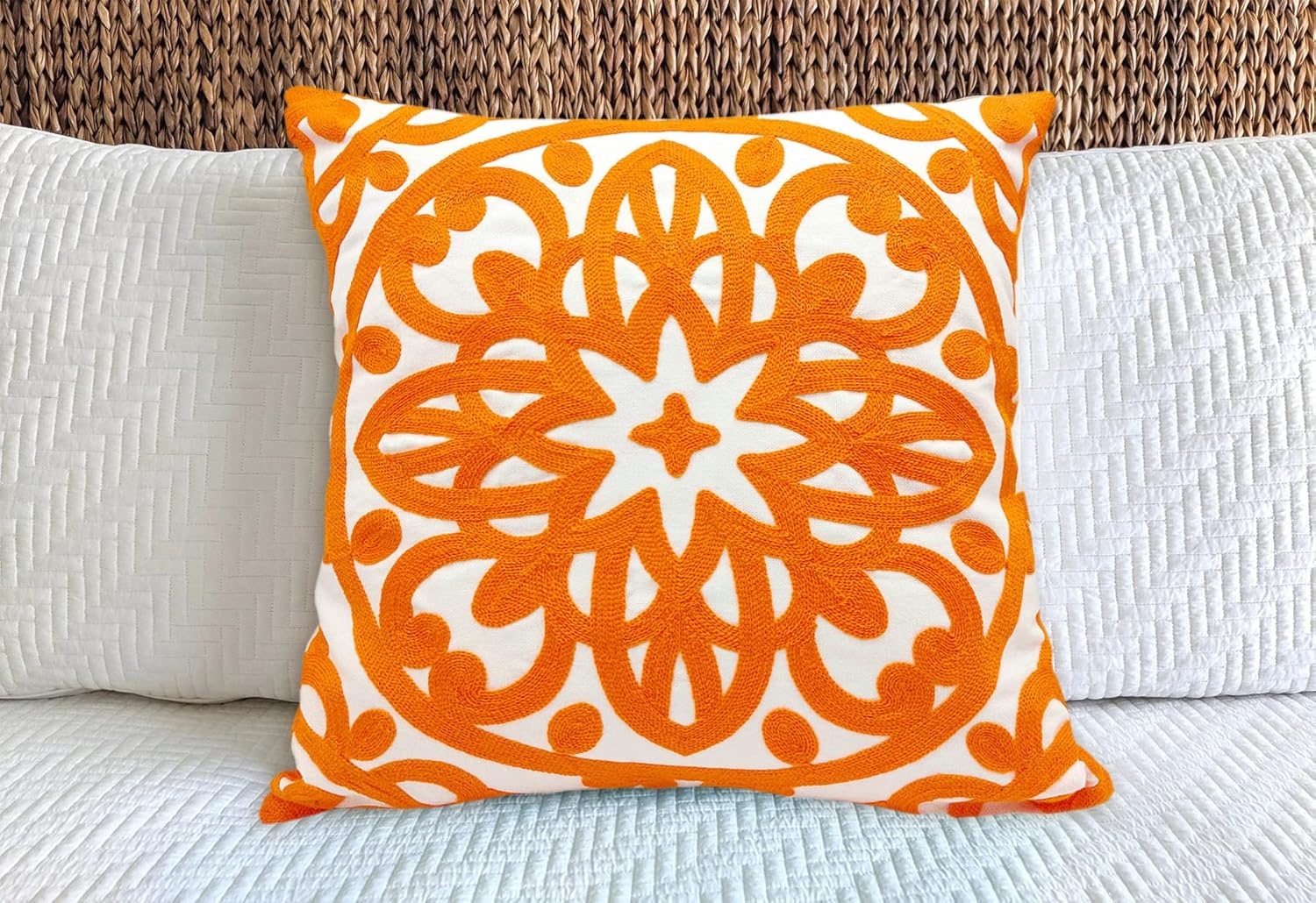 Funda de almohada decorativa bordada de 20 x 20 pulgadas, patrón de mandala bohemio moderno y grueso, lona de algodón duradera suave funda de cojín