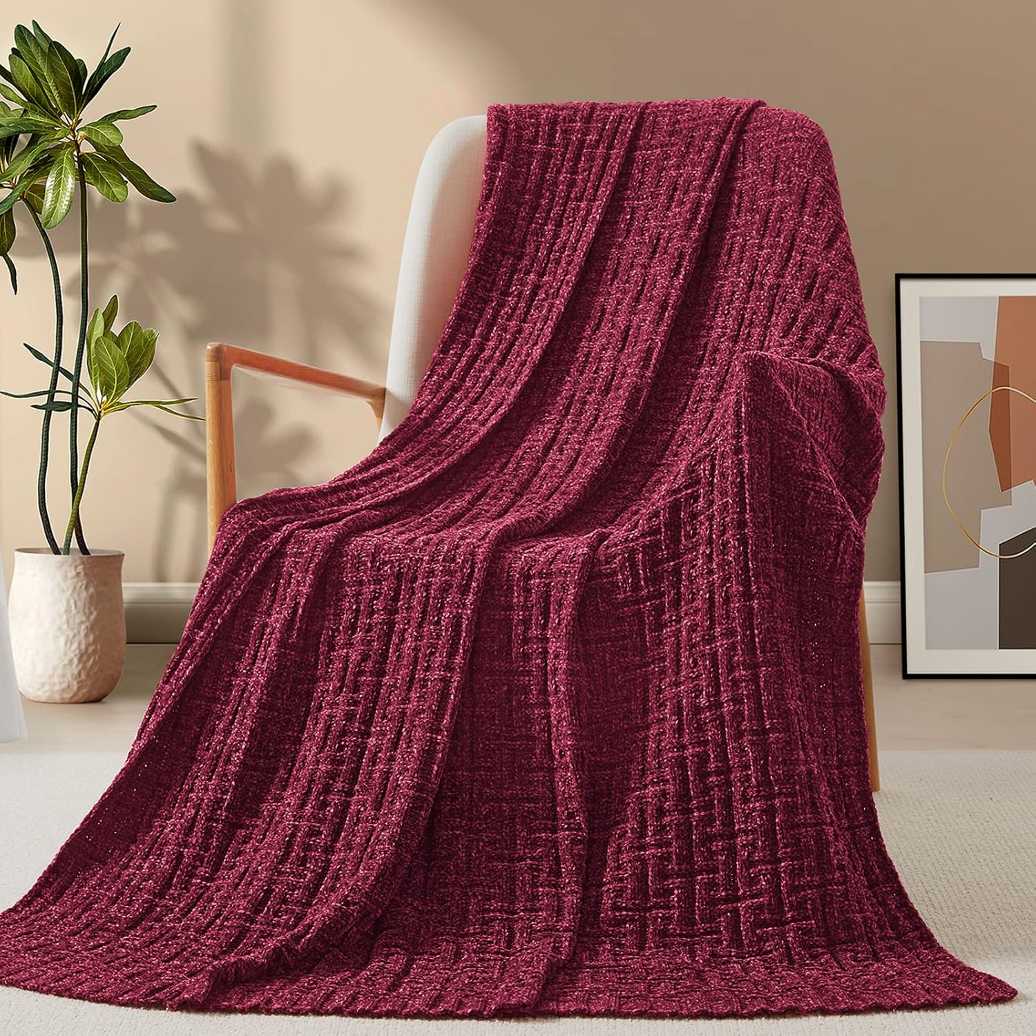 RUDONG M Manta de punto de felpilla color borgoña, acogedora y suave, cálida manta de punto de felpilla para todas las estaciones, manta texturizada