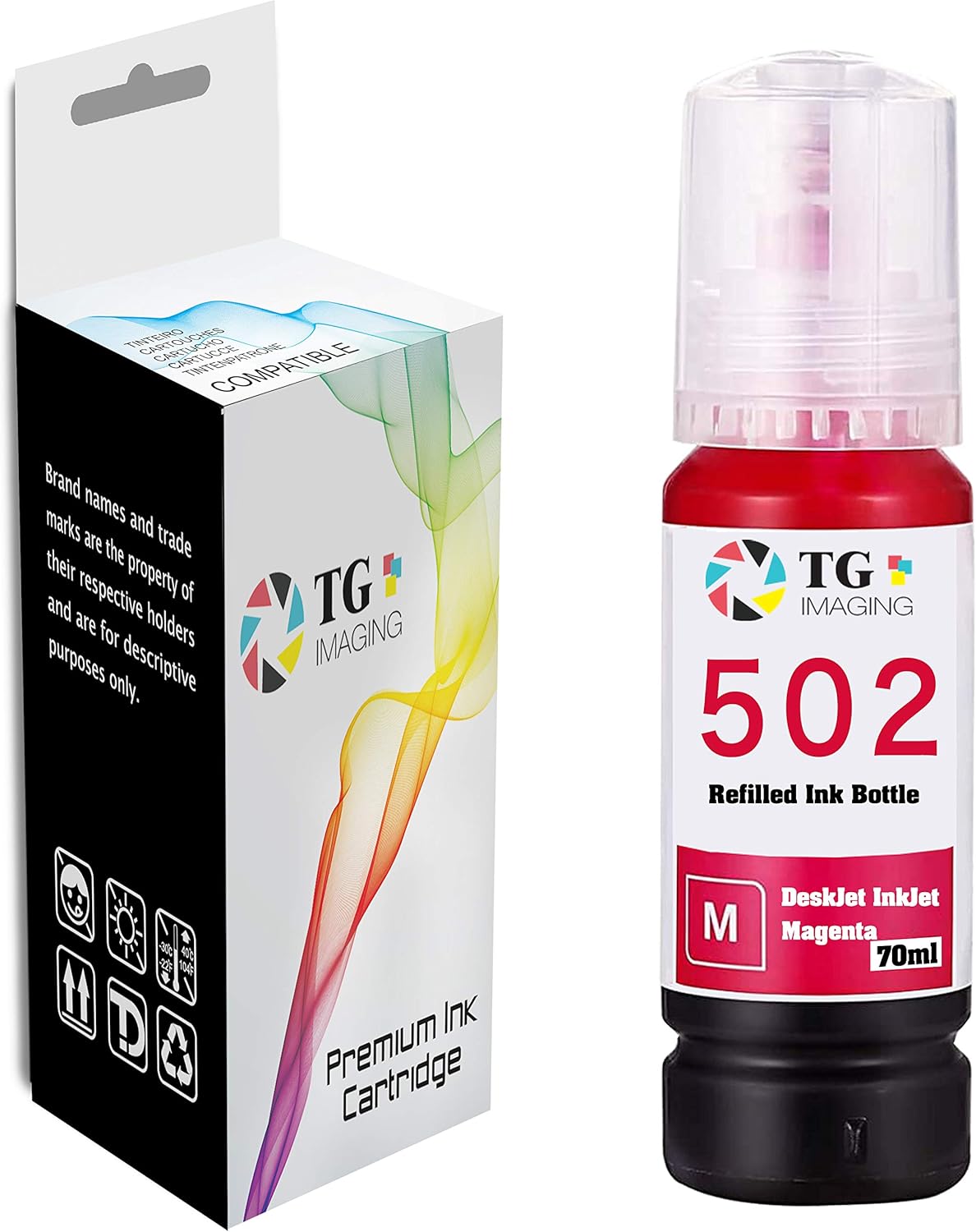TG Imaging (1 paquete, Magenta) Botella de tinta recargable magenta T502 (2.4fl oz, 6000 páginas) utilizada para impresora Epson ET-4750 ET-3700