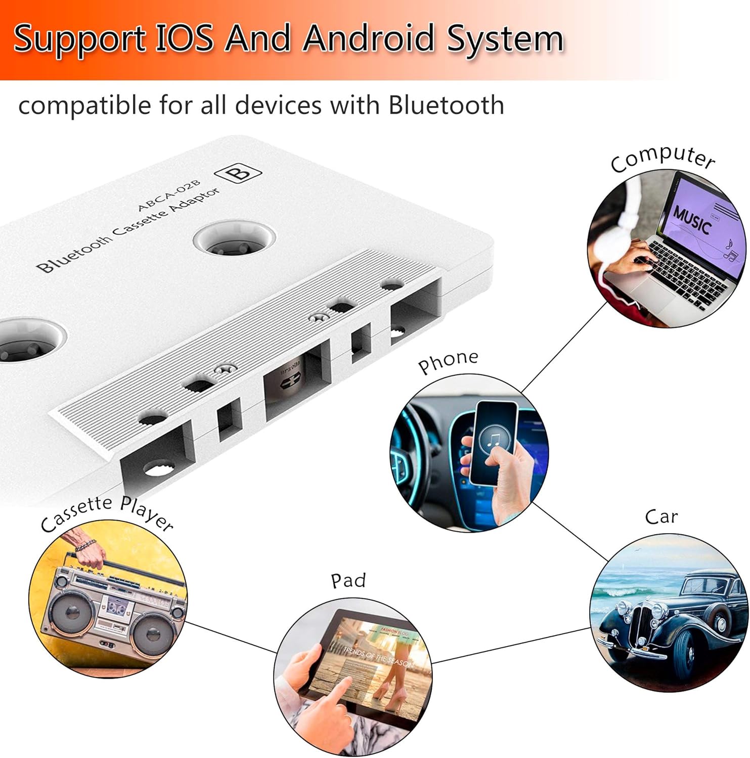 Arsvita Adaptador de casete Bluetooth de audio para coche, reproductor de cinta Bluetooth 5.0 adaptador auxiliar de casete, blanco