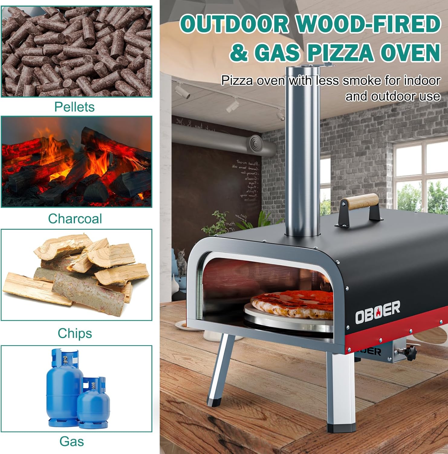NAIZEA Horno de pizza al aire libre, máquina de pizza multicombustible de 13 pulgadas, hornos de pizza giratorios, horno portátil de madera y gas