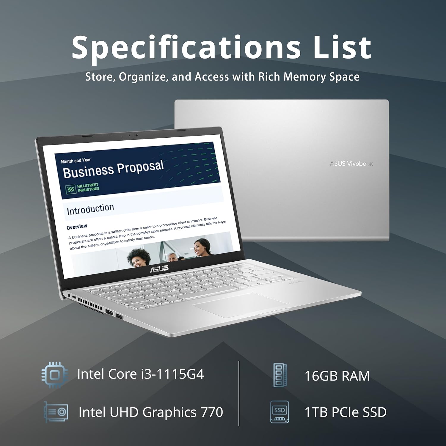 asus Vivobook 14HD 2023 Laptop para estudiantes, Intel Core i3-1115G4, 16 GB de RAM, SSD PCIe de 1 TB, gráficos Intel UHD, cámara web, WiFi 5,