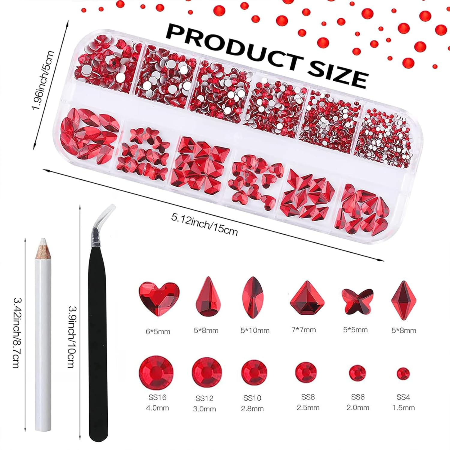 Juego de diamantes de imitación rojos para uñas, 60 piedras preciosas de diamantes de imitación rojos con parte trasera plana de cristal multiforma