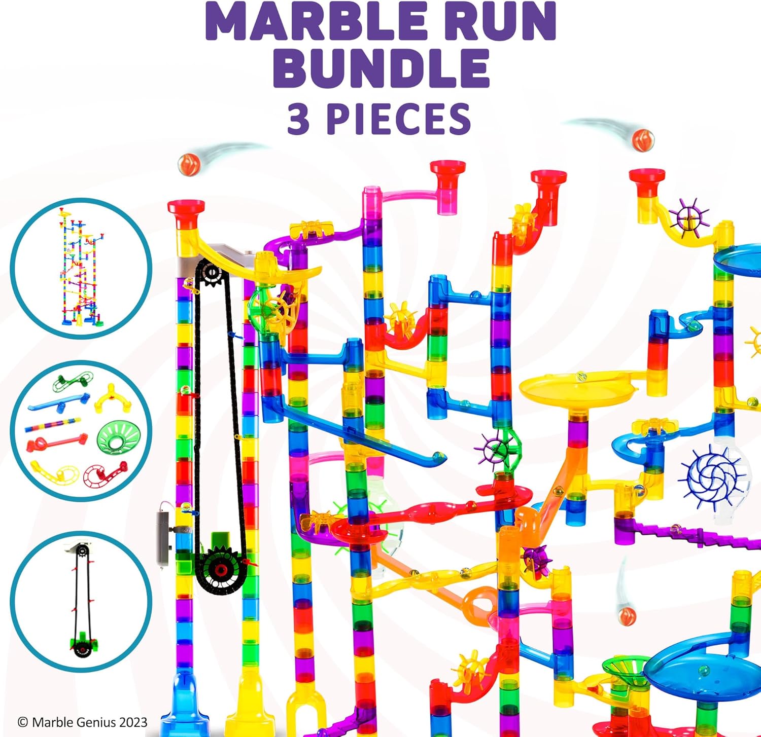 Marble Genius Bundle Extreme Set (300 piezas), elevación automática de cadena y, juego de refuerzo primario (20 piezas), pista de laberinto o juegos