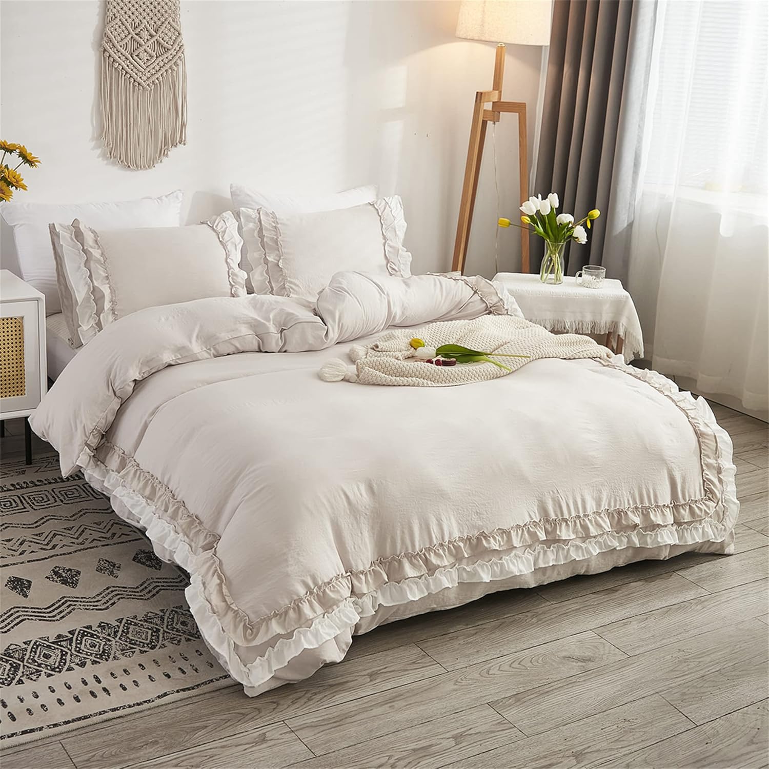 ABREEZE Juego de funda de edredón de microfibra lavada tamaño Queen, 3 piezas, ropa de cama vintage con volantes, estilo granja, 1 funda de edredón