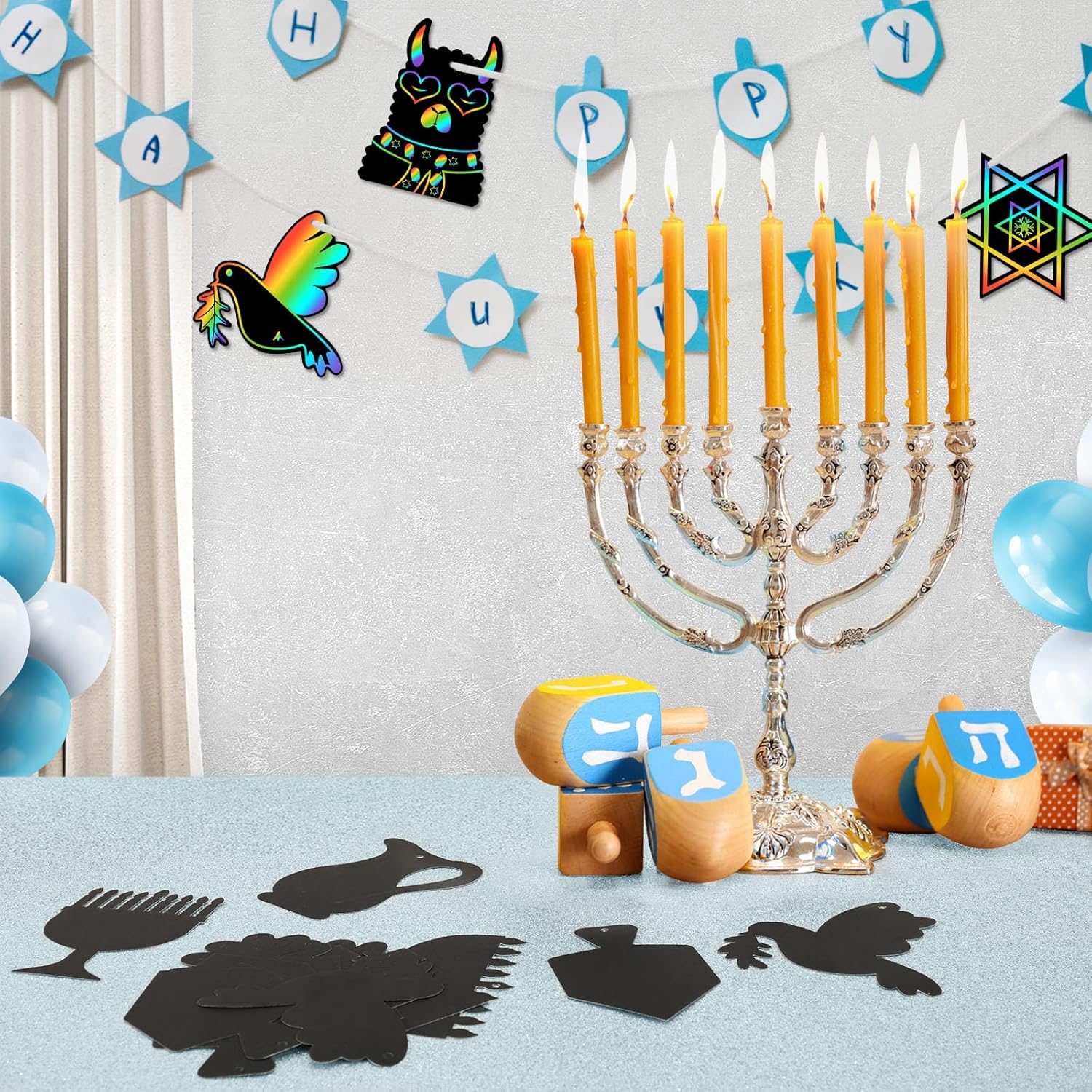 JULMELON Hanukkah Scratch Art, 36 piezas de kits de manualidades de Hanukkah para niños, arte mágico de rayar, adornos colgantes de Janucá, papel