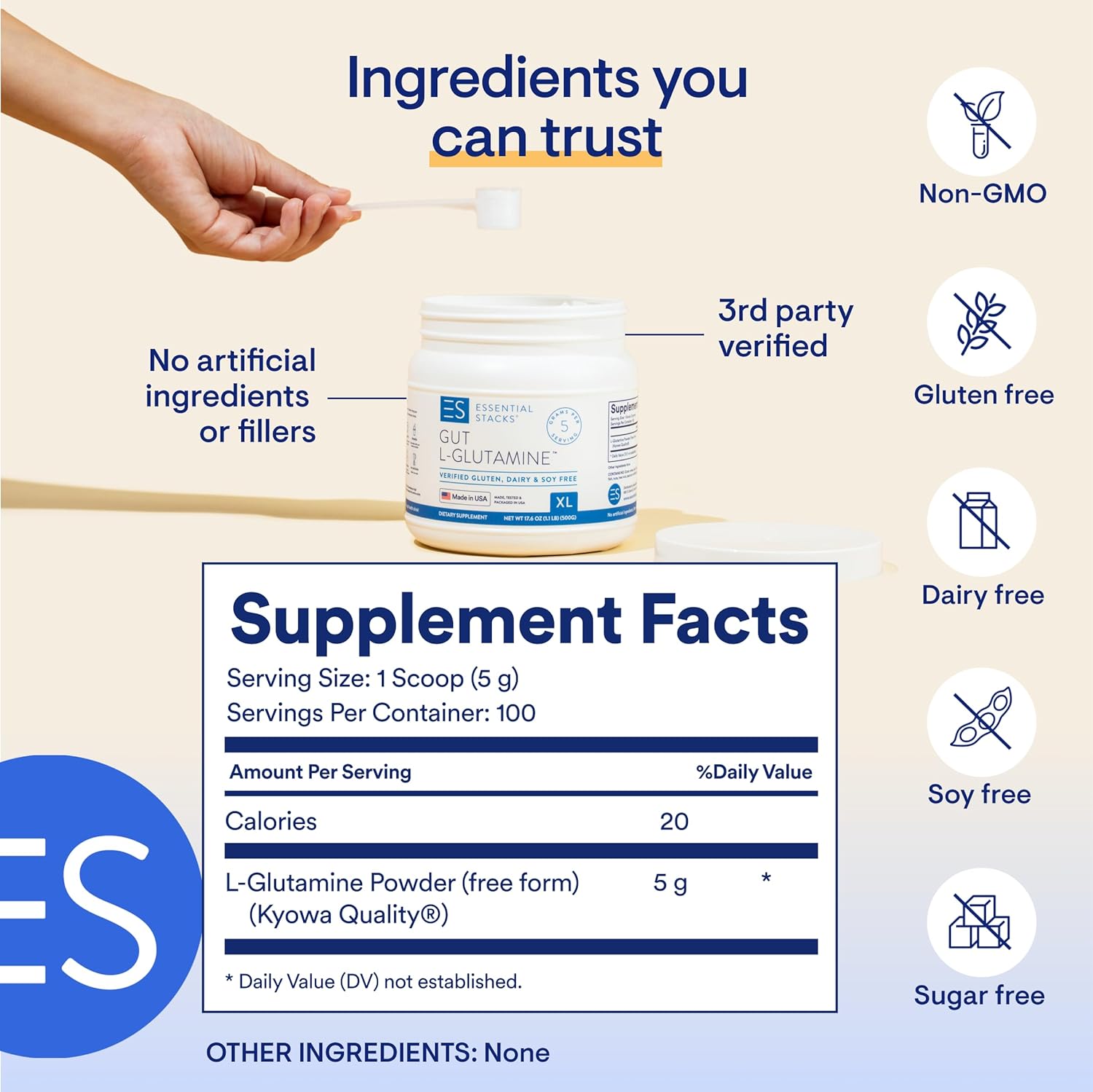 Essential Stacks Gut L Glutamine Powder XL (17.64 oz) – Fabricado en Estados Unidos, sin OMG, sin gluten, vegano, sin sabor (100 porciones)
