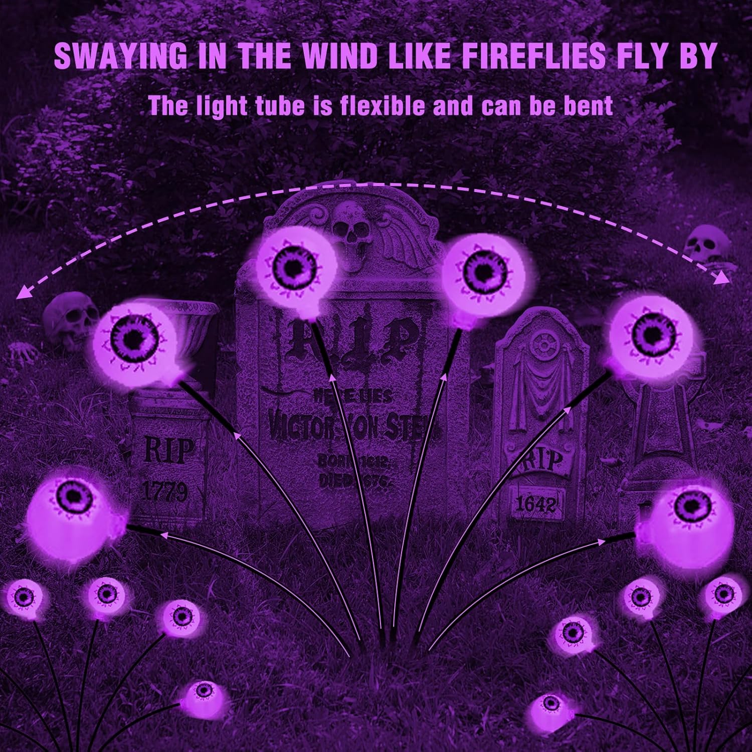 Decoraciones de Halloween para exteriores, luces solares de globo ocular aterrador, 2 paquetes de 12 luces LED moradas, luces solares impermeables