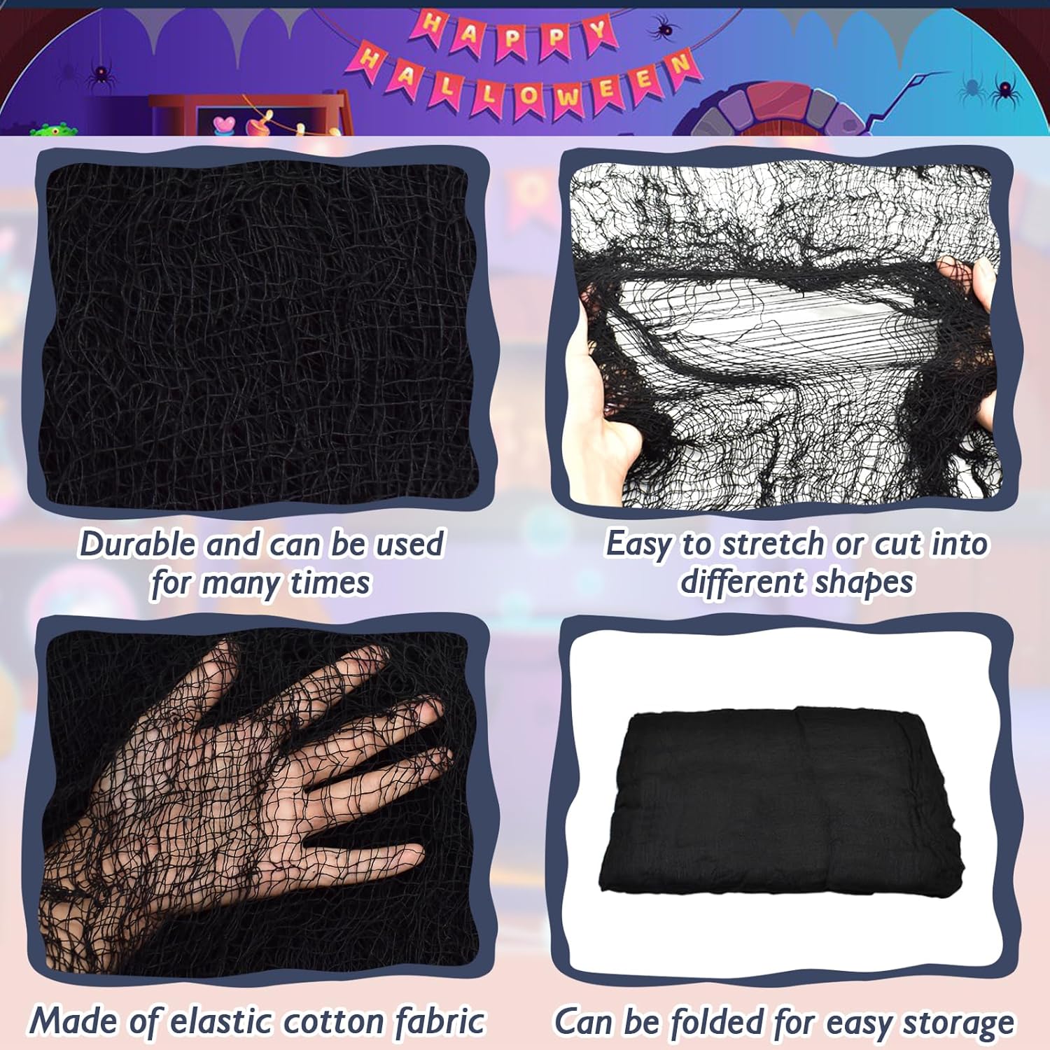 Halatool Paquete de 8 paños espeluznantes de Halloween de 30 x 90 pulgadas, gasa negra espeluznante para colgar en decoración de Halloween,
