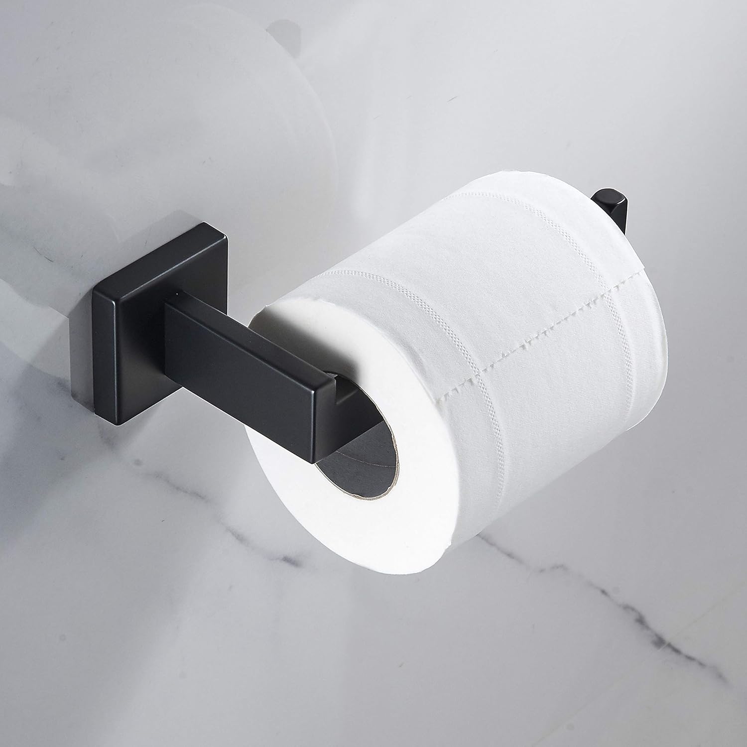 JunSun Juego de accesorios de baño cuadrado de 4 piezas (toallero para papel higiénico, gancho para bata), accesorios de baño contemporáneos