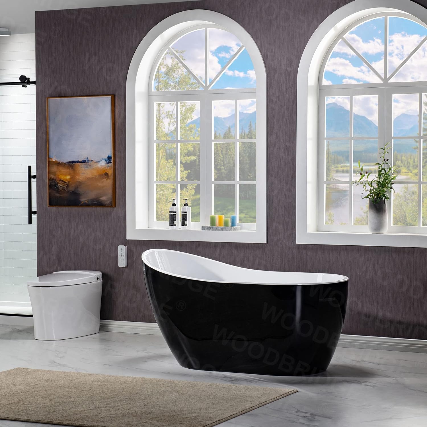 WOODBRIDGE Bañera de acrílico independiente de 54 pulgadas, bañera negra de remojo contemporáneo con desbordamiento y drenaje negro mate, BTA1807-MB