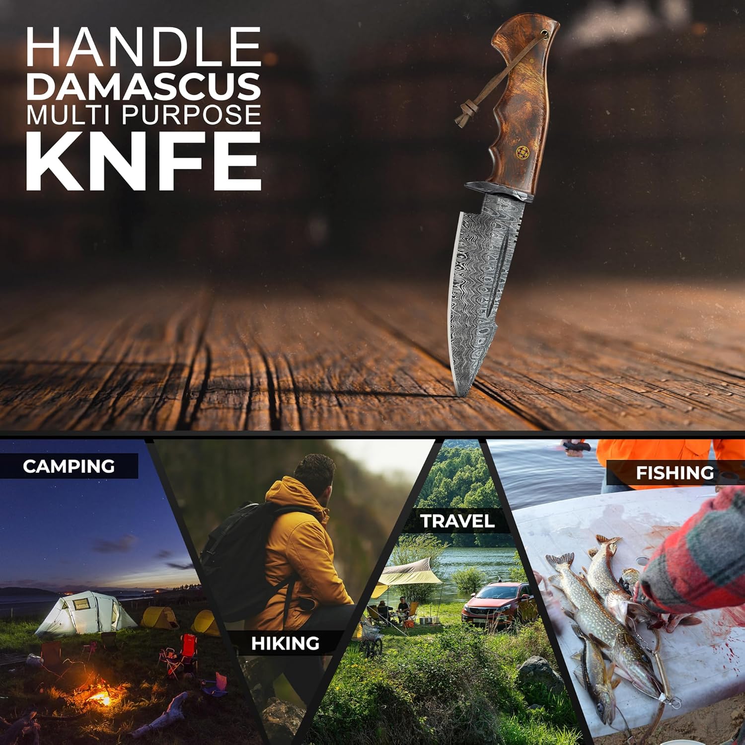 Cuchillo de caza de Damasco hecho a mano de 10 pulgadas con funda  Cuchillos de caza de hoja fija para hombres  Cuchillo EDC de hoja fija con mango