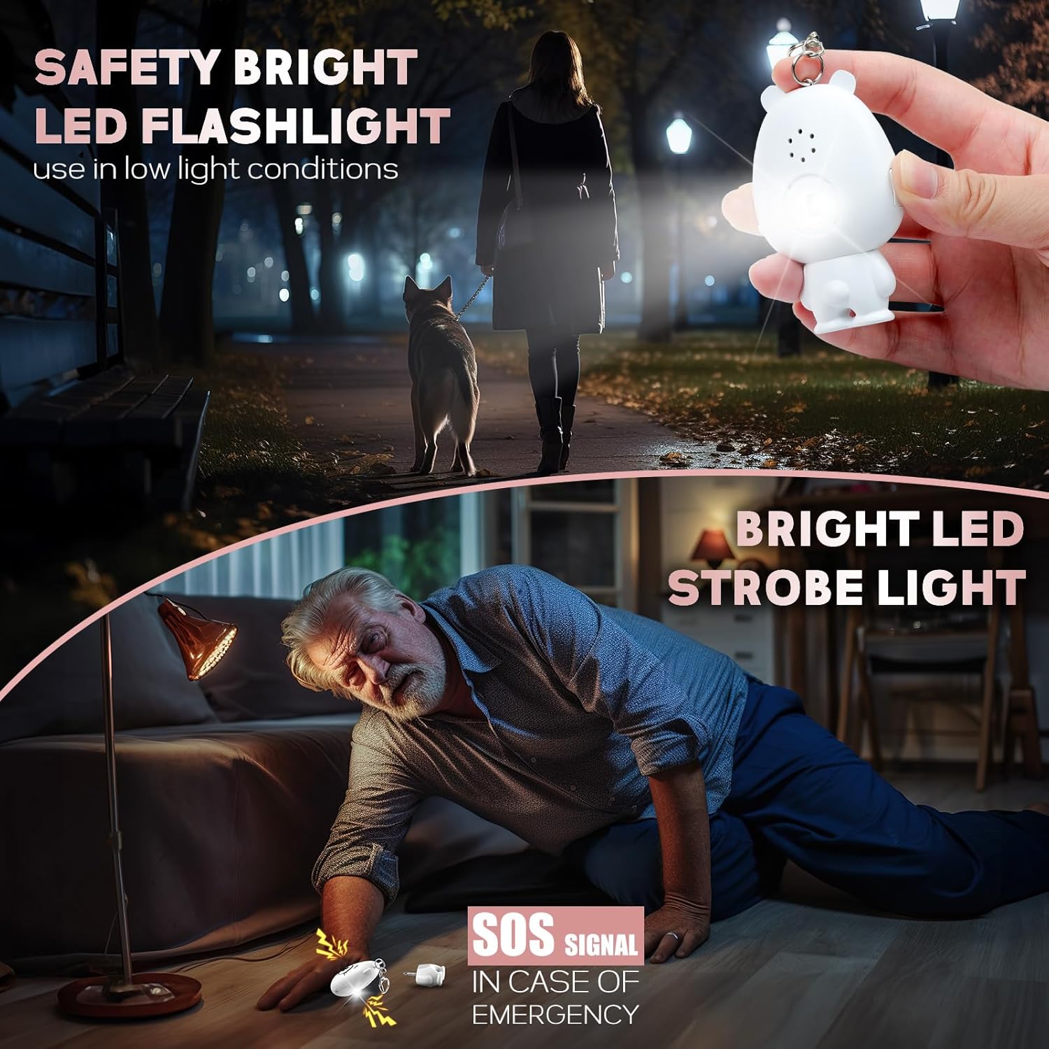 Alarma personal para mujeres, alarma de seguridad personal recargable para mujeres, niños y ancianos, sirena fuerte de 130 dB, luz estroboscópica,