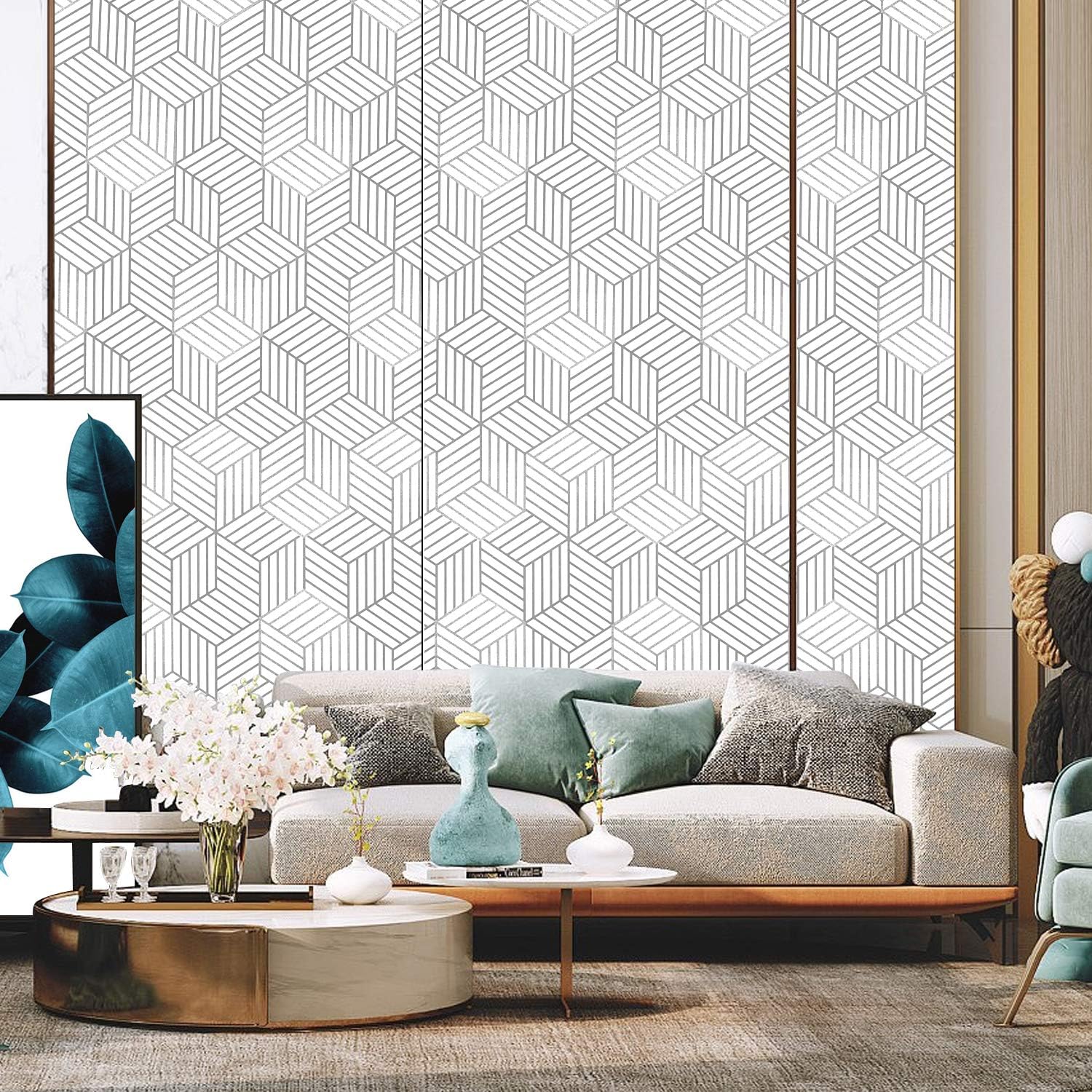 WENMER Papel tapiz hexagonal geométrico, papel de contacto de 17.71 x 78.7 pulgadas, papel tapiz hexagonal geométrico plateado para despegar y