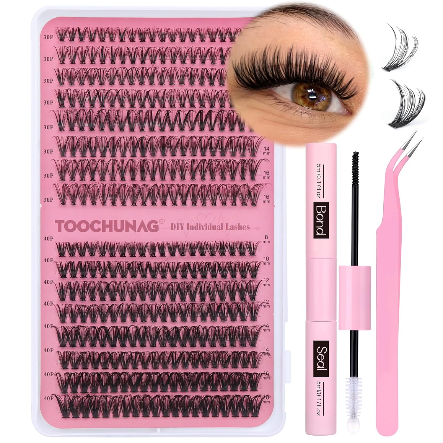 Kit de extensiones de pestañas individuales 30D+40D, 320 piezas de extensiones de pestañas en racimo, juego de racimos de pestañas de 0.315 a 0.630