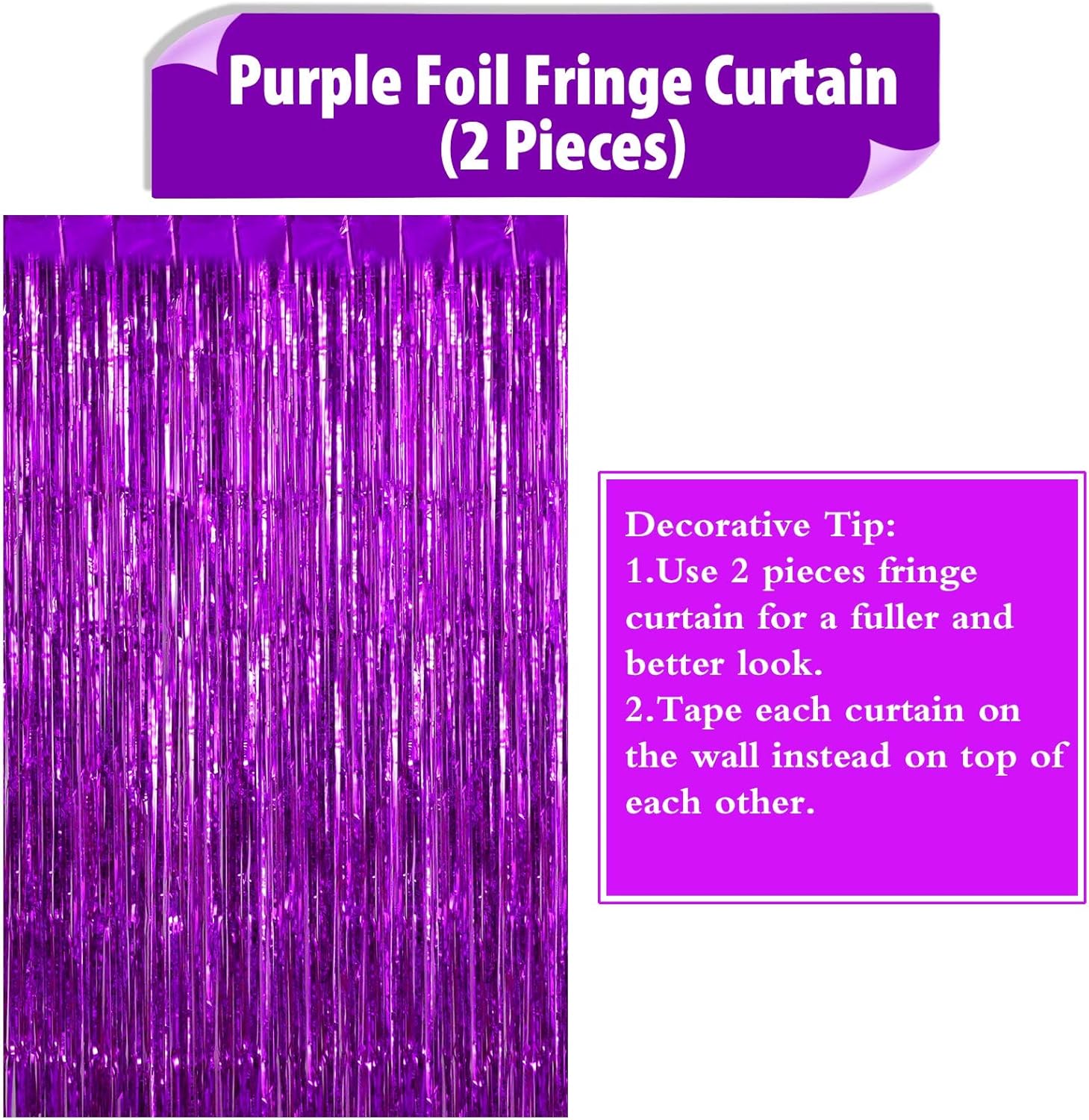 Cortinas de flecos de papel de aluminio morado, paquete de 2, extra grandes de 8 x 3.3 pies, cortinas de flecos para puerta para cumpleaños, boda,