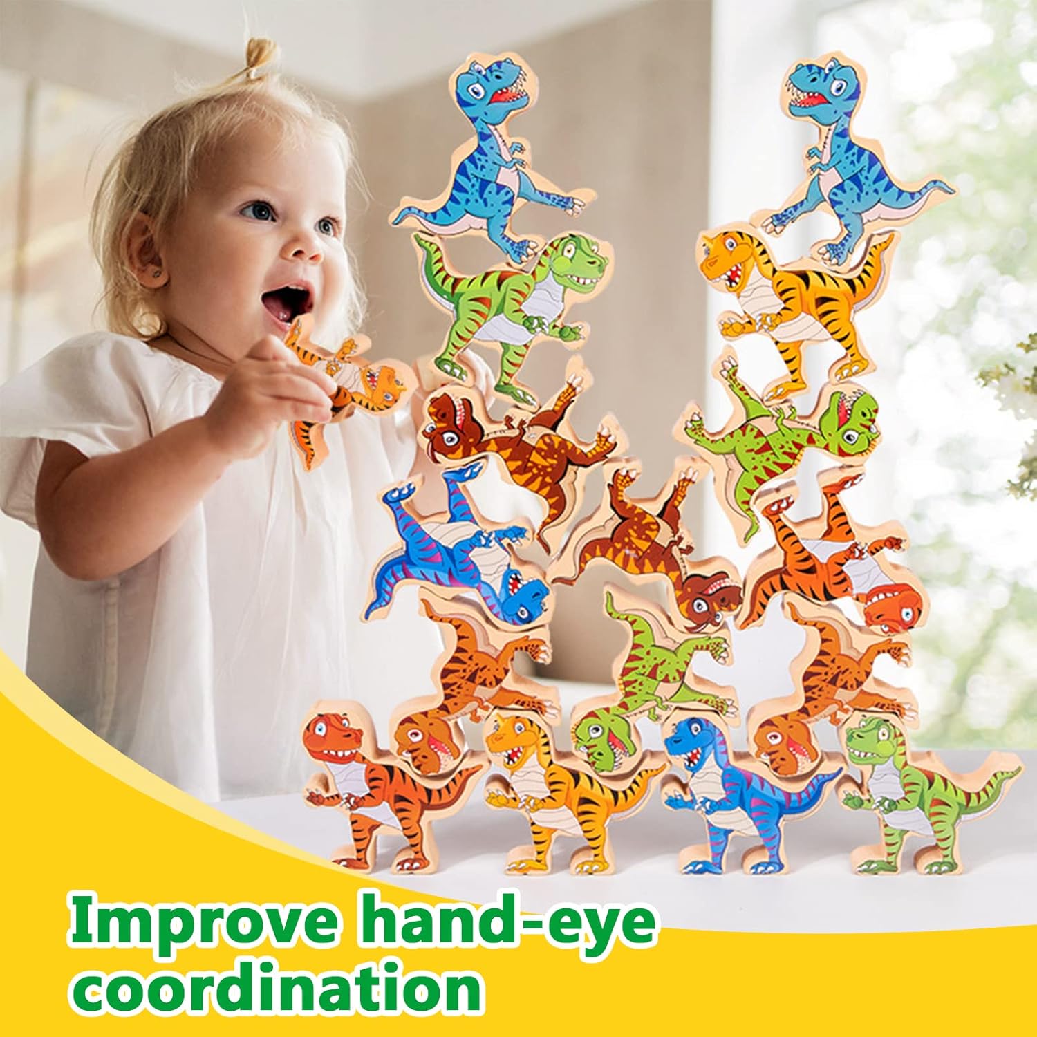 Juguetes de dinosaurio apilables de madera para niños, 16 piezas de juguete de dinosaurio para niños de 3 a 5 años, juguetes Montessori, juego de