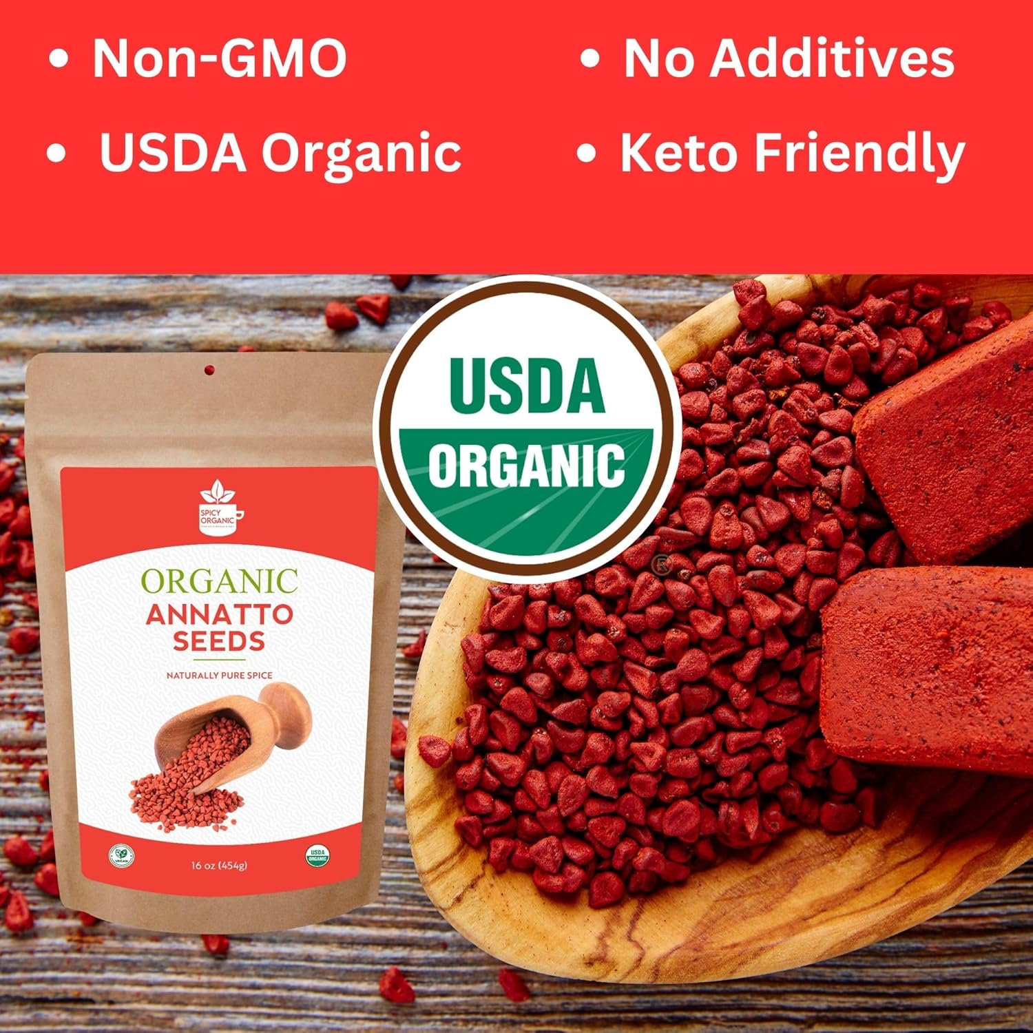 SPICY ORGANIC Semillas de Annatto enteras de 8 onzas  Certificado orgánico por USDA  Semillas de achiote totalmente naturales, especias y