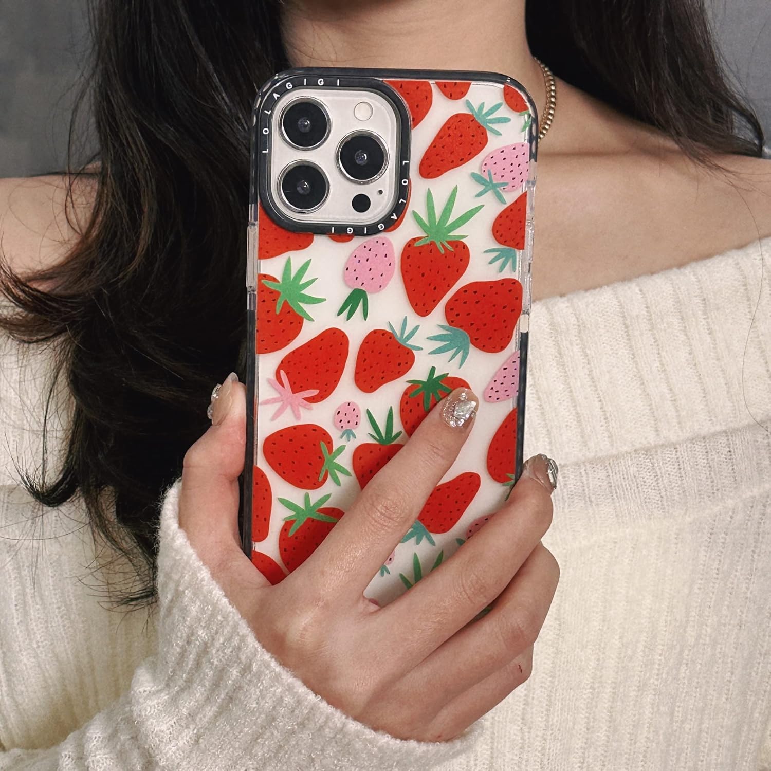 Funda para iPhone 13 para mujer, bonito diseño femenino de fresas, patrón de dibujos animados de frutas Kawaii para niñas y adolescentes, funda de