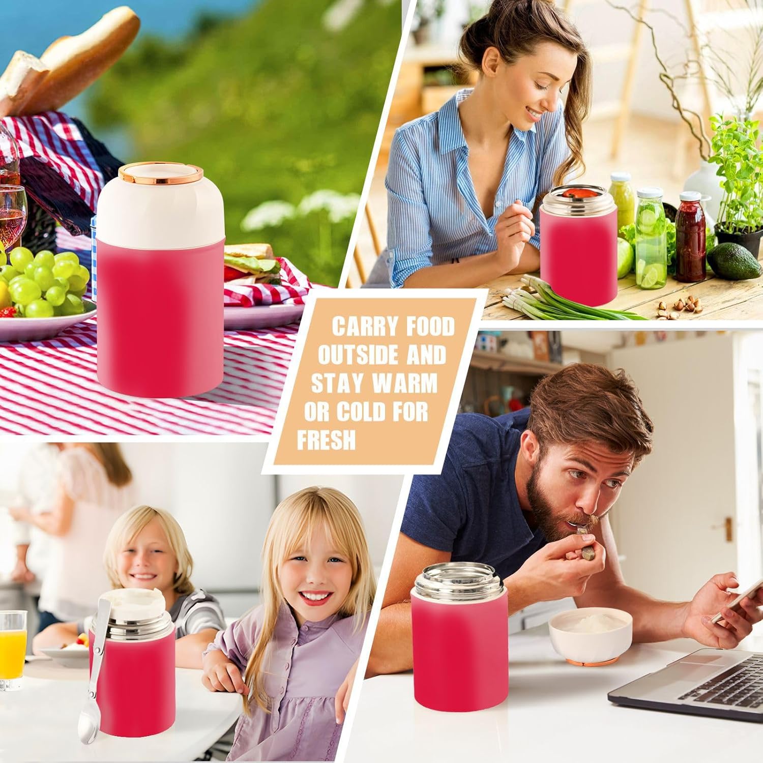 Crimson Kids – Recipiente aislado de alimentos para mujer con cuchara de 17 onzas  16.9 fl oz, lonchera aislada al vacío de acero inoxidable con