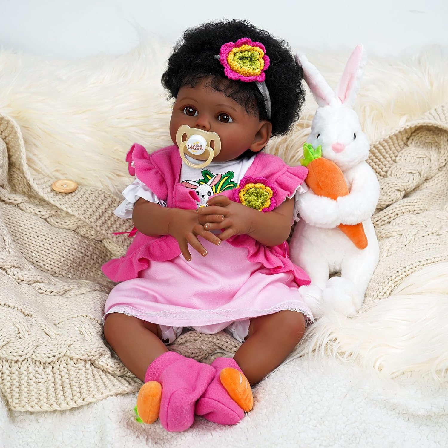 Muñecas realistas de bebé recién nacidas afroamericanas de 20 pulgadas que se ven reales con juguetes de conejo, juego de ropa para niñas y niños a