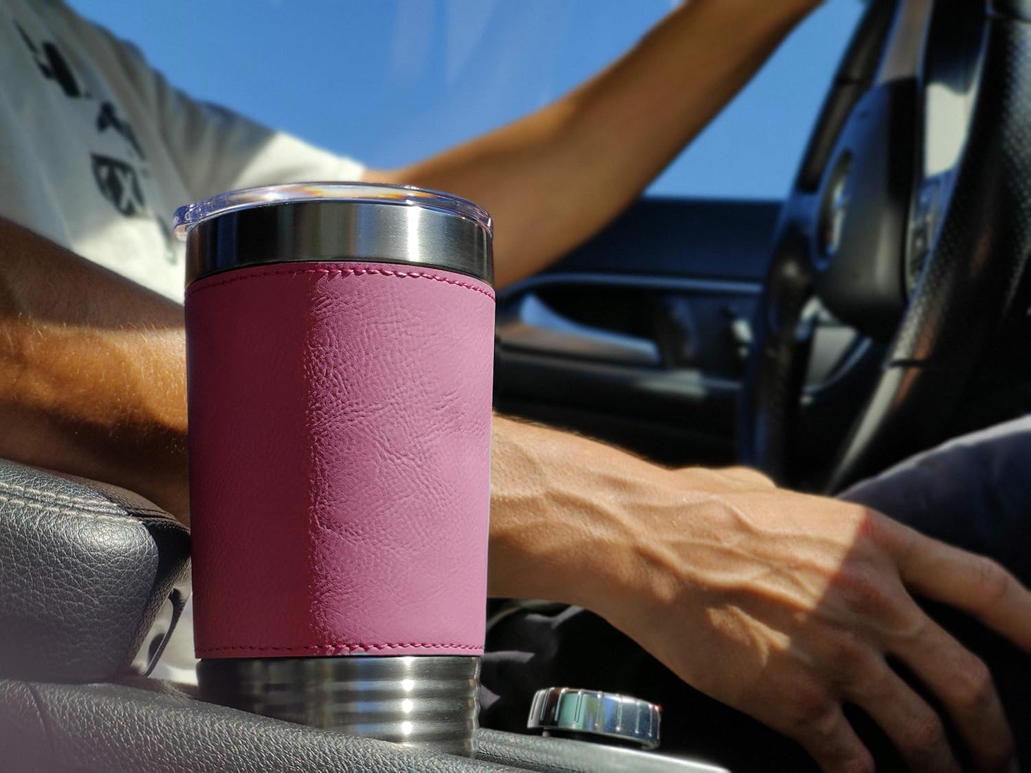 LaserGram Vaso aislado al vacío de 20 onzas, motocicleta, grabado personalizado incluido (piel sintética, rosa)