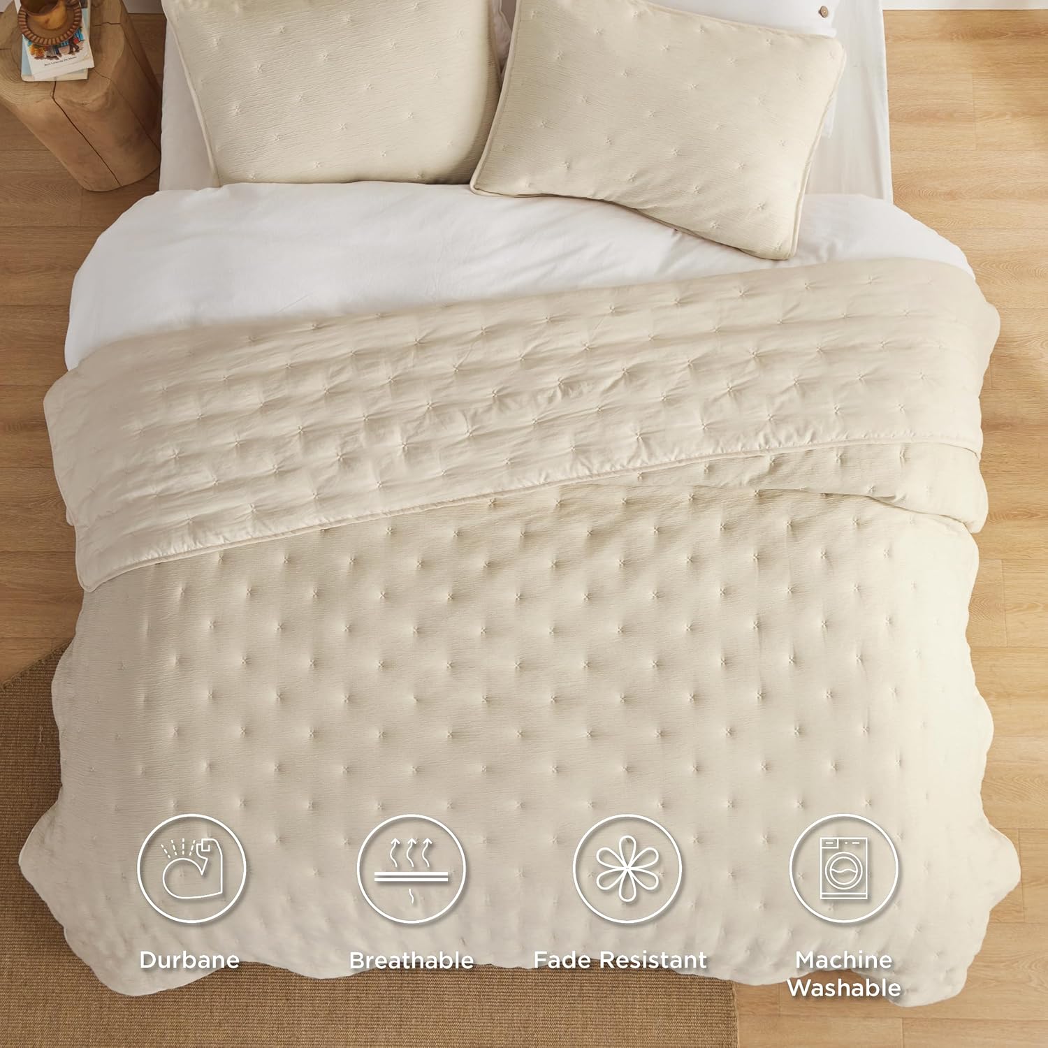 Bedsure Colcha beige tamaño King  Juego de ropa de cama ligero y suave para todas las estaciones, juego de edredón de punto de cruz, 3 piezas, 1