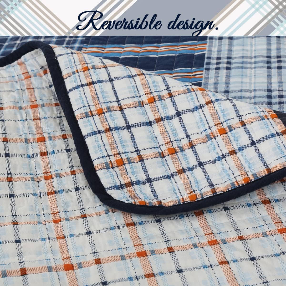 Cozy Line Home Fashions Juego de ropa de cama de 100 % algodón con estampado a rayas de cuadros azul marino y naranja a rayas, colcha reversible,