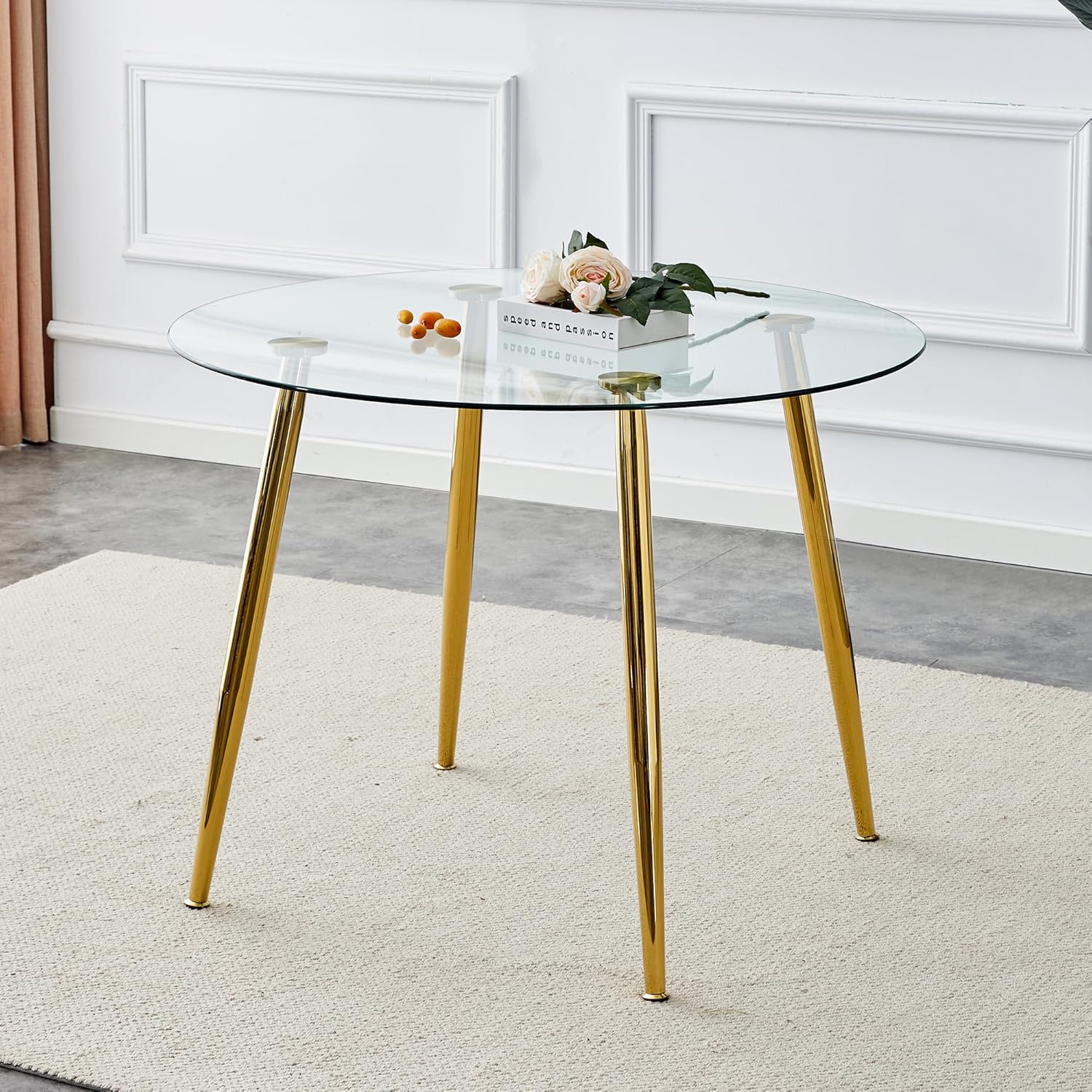 Mesa de comedor redonda, mesa de comedor moderna de 40 pulgadas, mesa de vidrio templado con patas de metal chapado en oro, Mesas de Comedor para