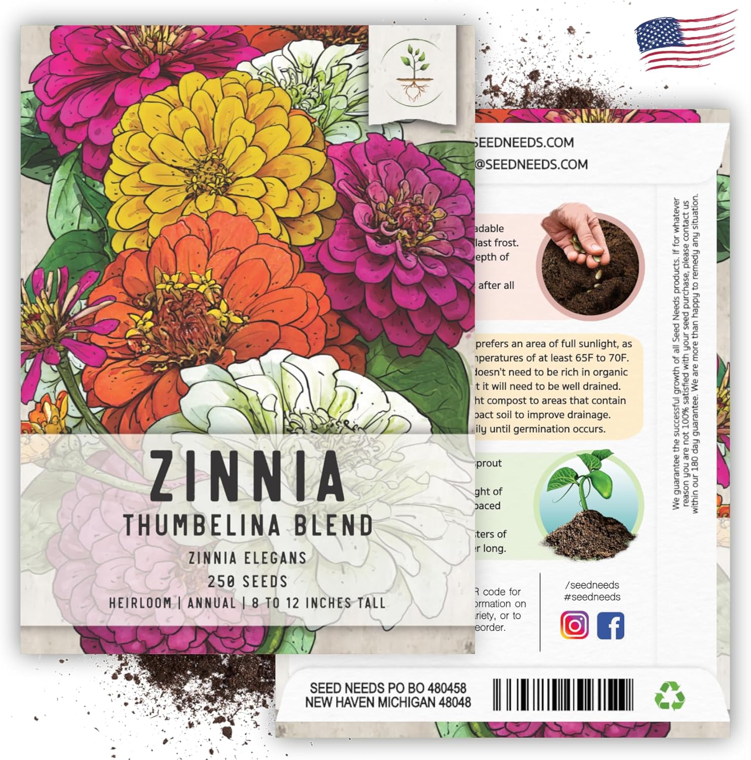 Seed Needs, Thumbelina – Semillas de zinnia – 250 semillas tradicionales para plantar Zinnia elegans – Mezcla de colores para un jardín de