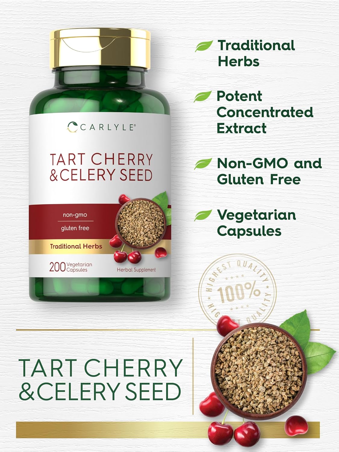 Carlyle Suplemento de semillas de apio y cereza agria  200 cápsulas  Vegetariano, sin OMG y sin gluten