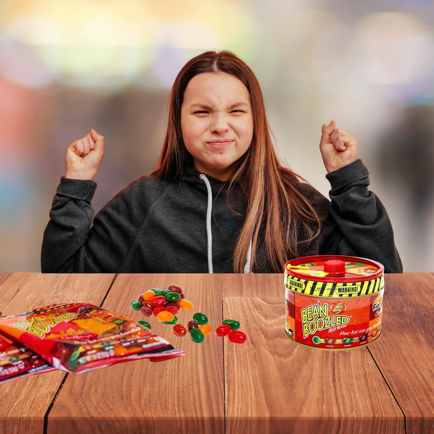Ultimate Spicy Jelly Bean Challenge and Spinner Tin, cinco caramelos masticables extremadamente calientes con 3 bolsas de caramelo de repuesto,