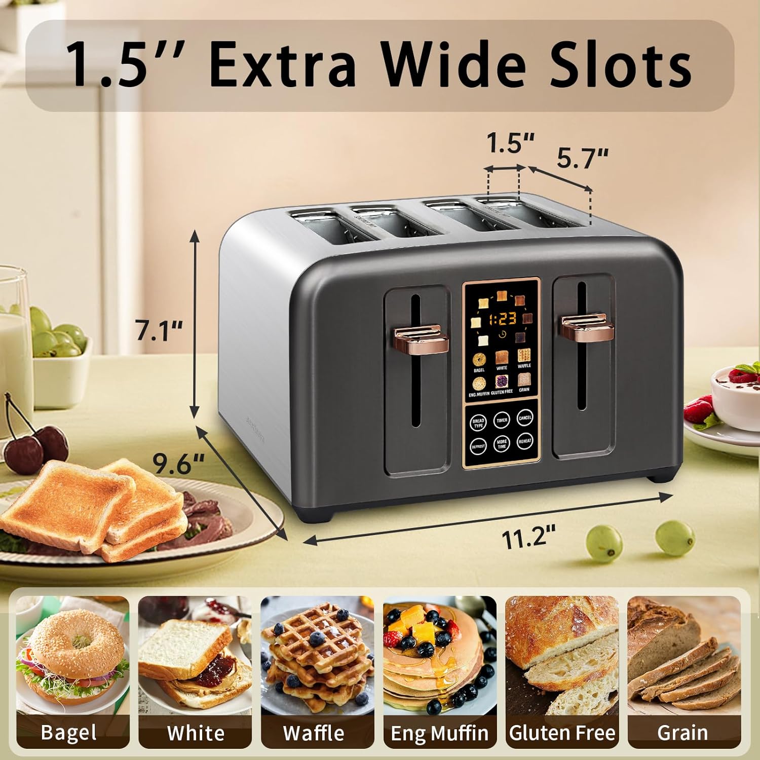 SEEDEEM Tostadora de 4 rebanadas, pantalla LCD de acero inoxidable y botón táctil, 6 selección de pan, 7 ajustes de sombra, tostadora de ranuras de