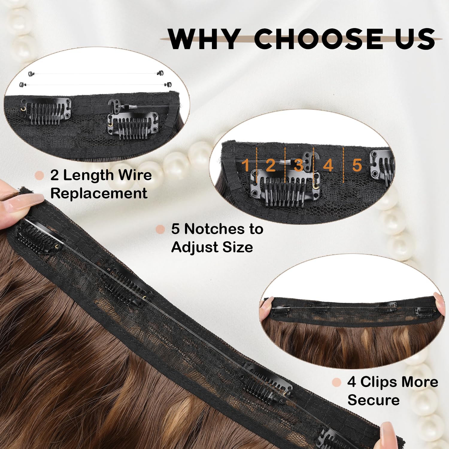 Extensiones de cabello tipo halo de 20 pulgadas, con alambre invisible, largo, ondulado, extensiones de cabello castaño para mujer, tamaño