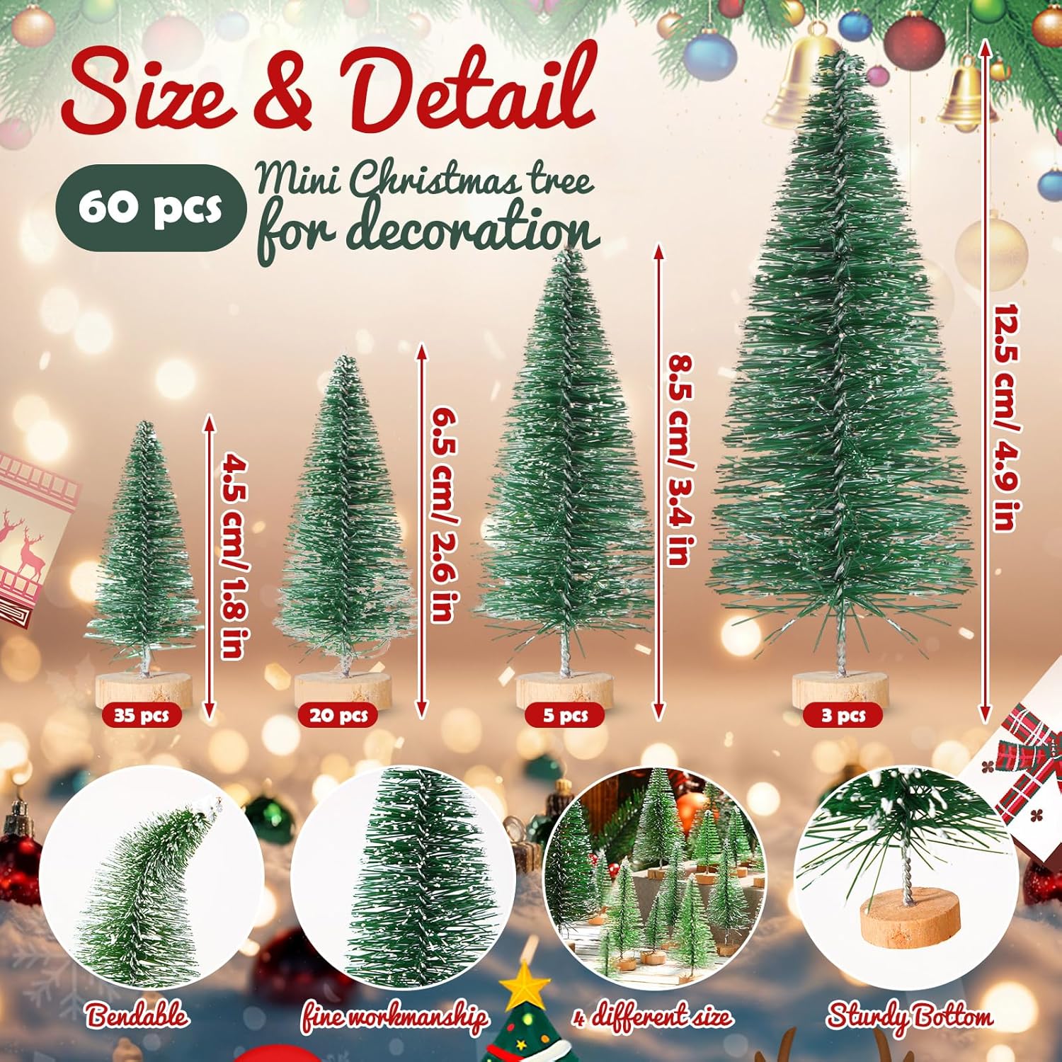 60 piezas de mini árbol de Navidad artificiales de sisal para árboles de nieve, cepillos para botellas, árboles de Navidad, adornos de pinos con