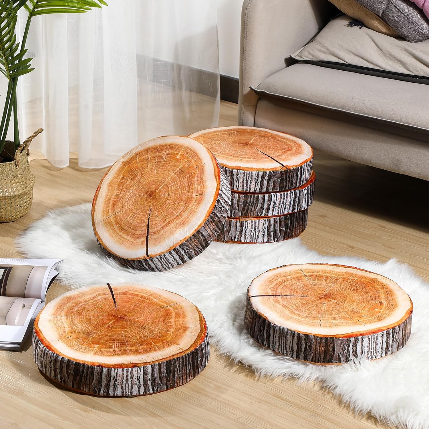 15 almohadas decorativas redondas, cojín de asiento de círculo de tocón de 15.75 pulgadas, cojín de suelo con rodajas de madera de árbol 3D, cojín