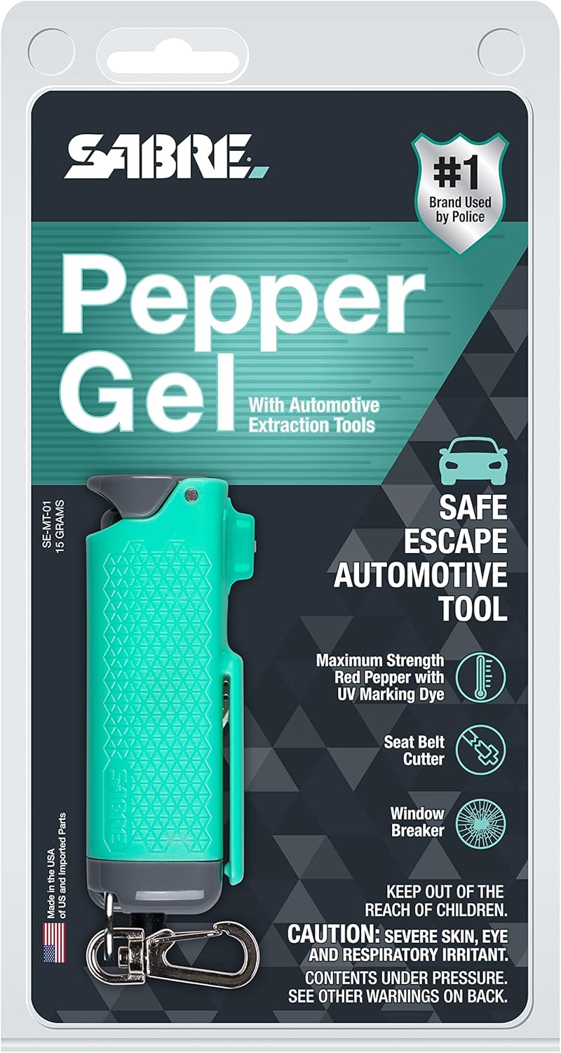 SABRE Safe Escape – Gel pimienta 3 en 1 con cortador de cinturón de seguridad y rompe ventanas, spray pimienta de máxima resistencia, llavero de