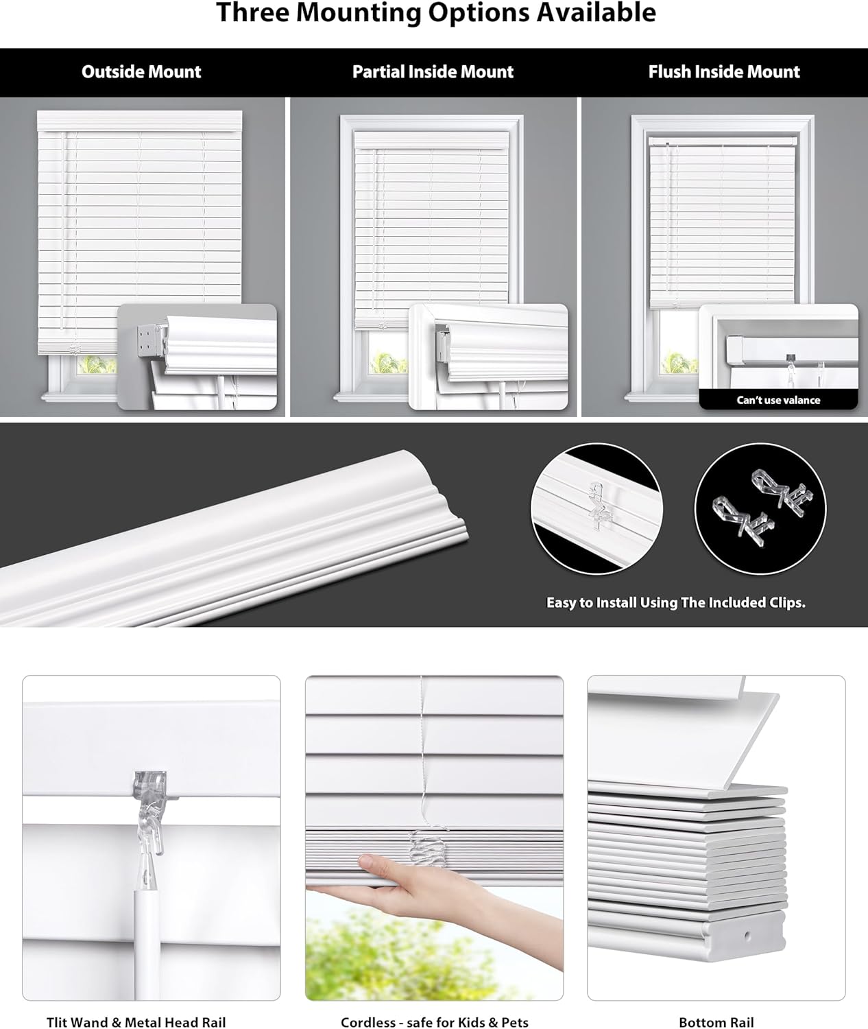 LazBlinds Persianas de madera sintética sin cordones de 2 pulgadas con cenefa real, persianas horizontales para oscurecer la habitación, persianas
