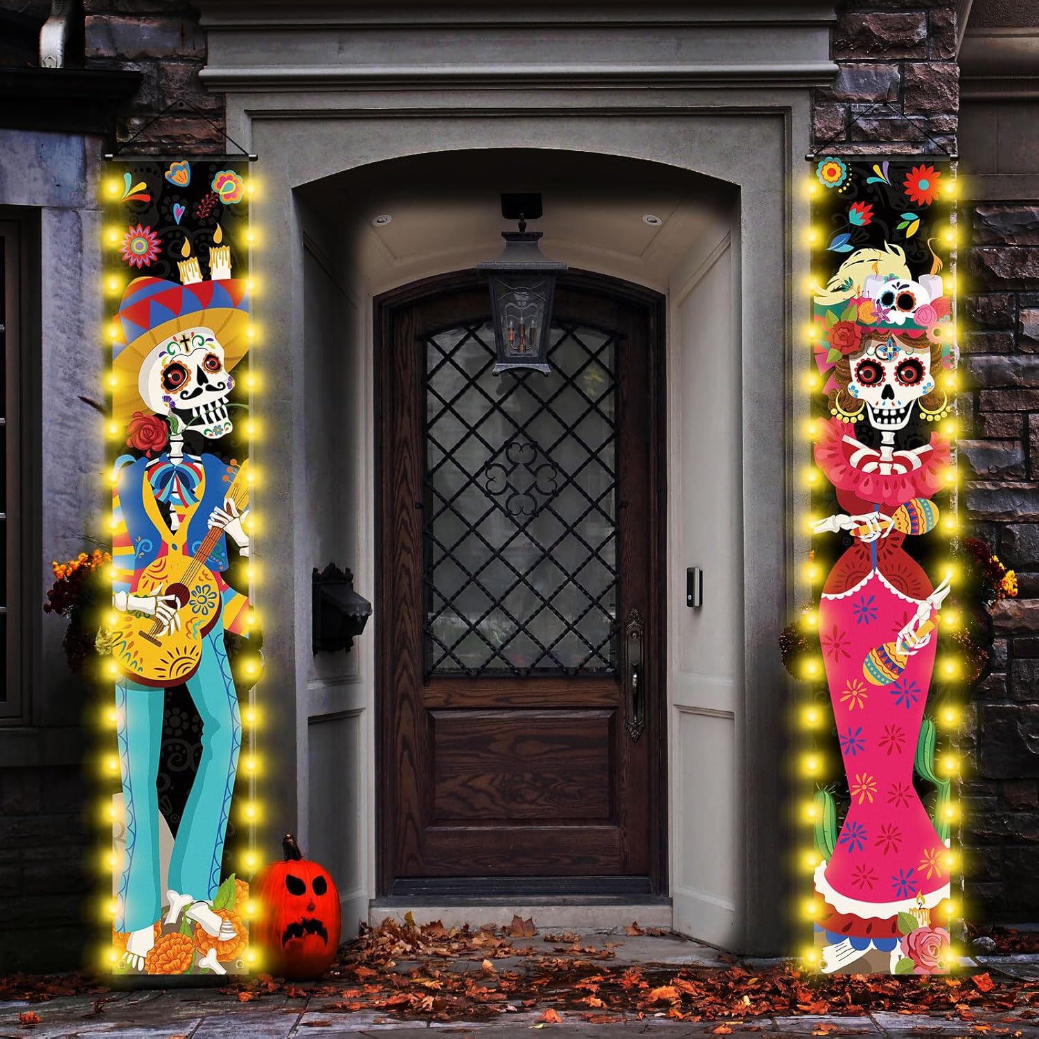 Tiamon 3 carteles de Día de los Muertos con luces LED, decoración de puerta de fiesta mexicana Día de los Muertos, pancarta de puerta de calavera de