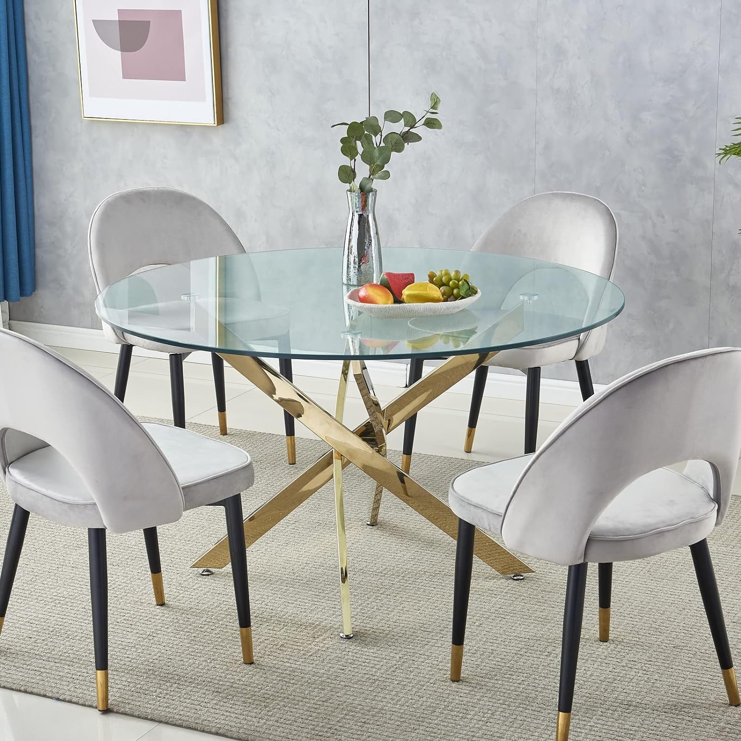 Mesa de comedor redonda de 36 pulgadas, mesa de comedor moderna con base de acero inoxidable dorado, mesa de comedor circular de vidrio templado