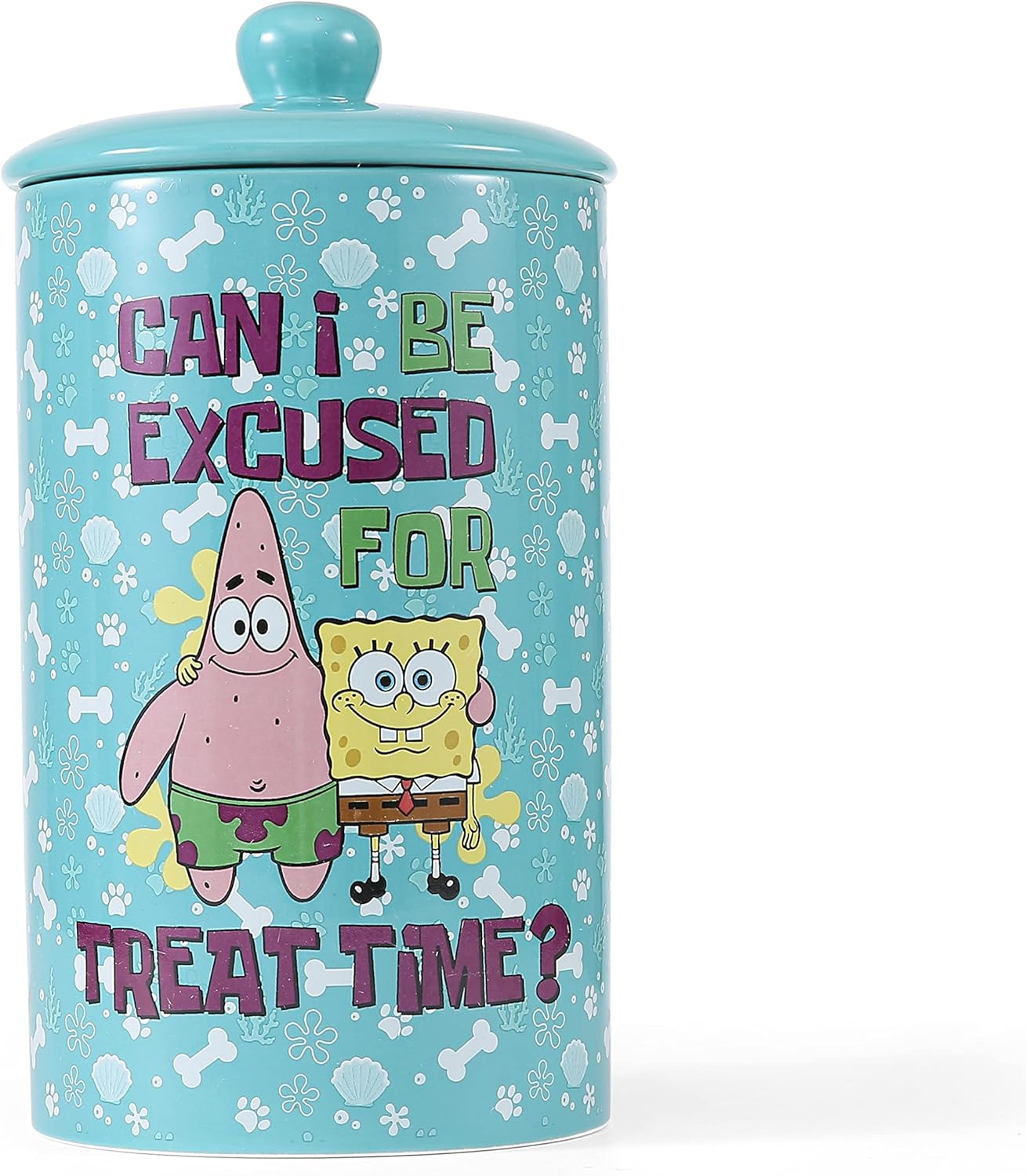 Can I Be Excused for Treat Time FF16929 – Tarro de cerámica para perros de 10 x 5 pulgadas con tapa, apto para lavavajillas, Bob Esponja, cilindro