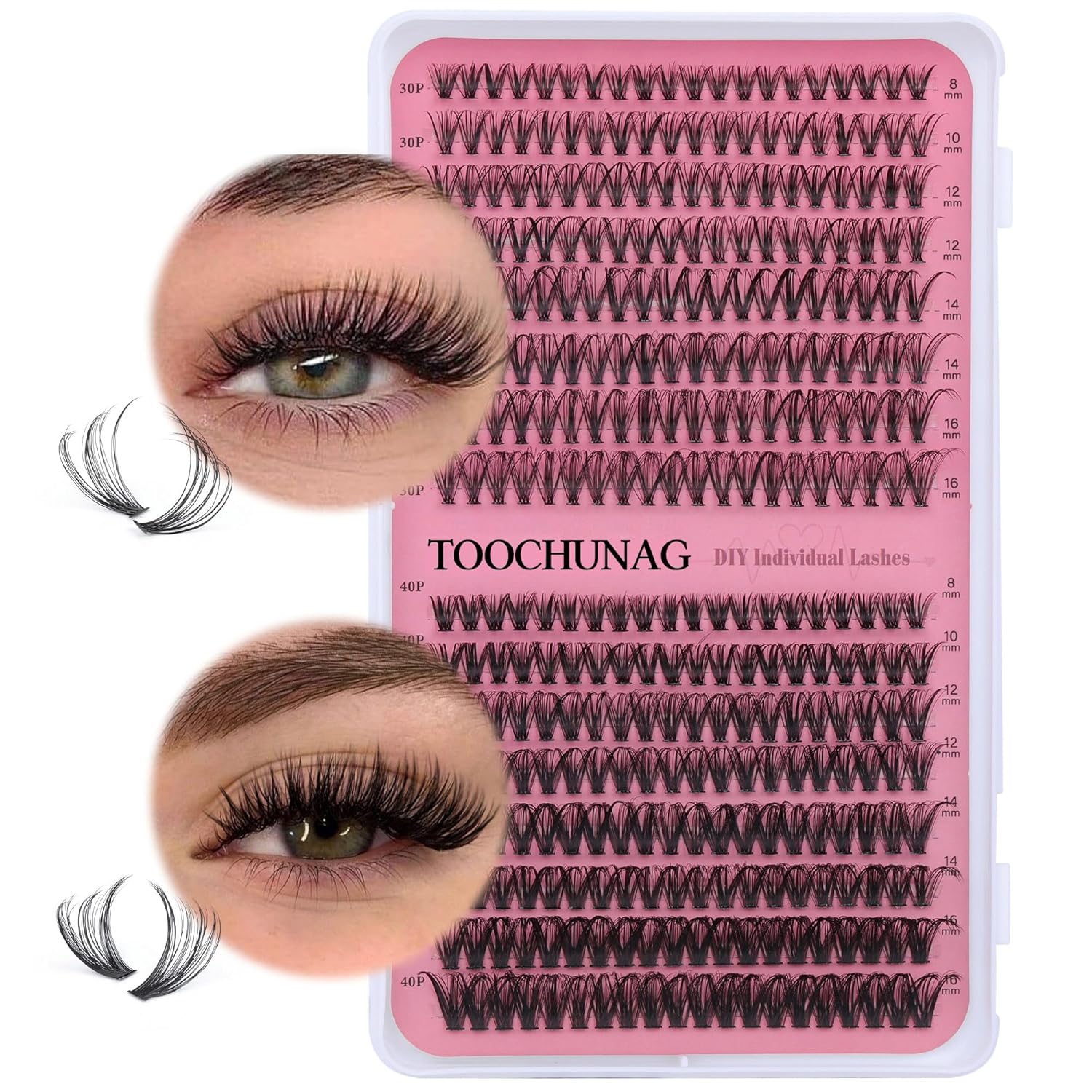 Extensiones de pestañas individuales 30D + 40D, 320 extensiones de pestañas en racimo de 0.315-0.630 in, extensiones de pestañas postizas rizadas D,