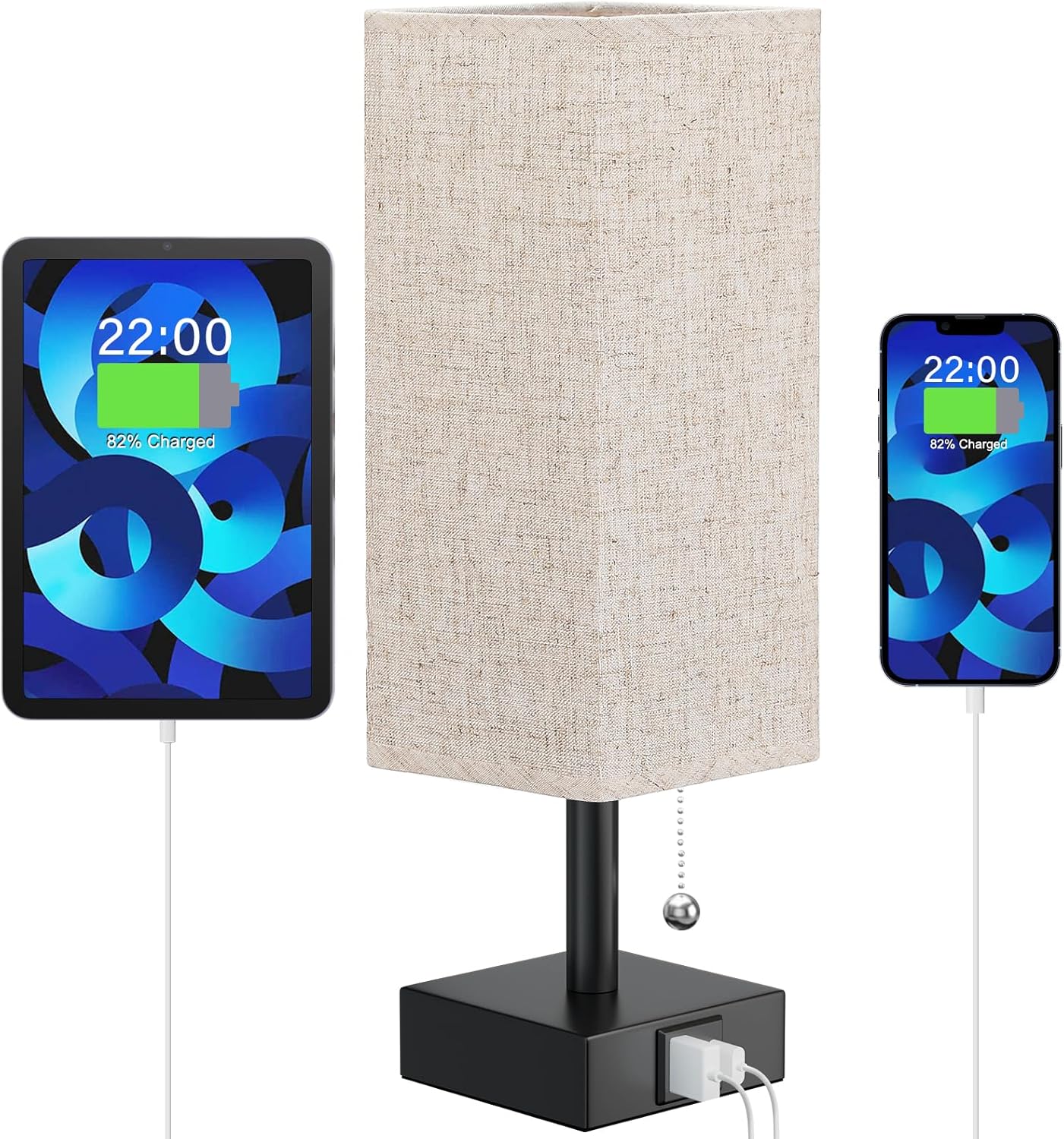 Lámpara de noche beige con puertos USB, lámpara de dormitorio con cadena de tracción para mesita de noche, lámpara de mesa pequeña con USB C + un