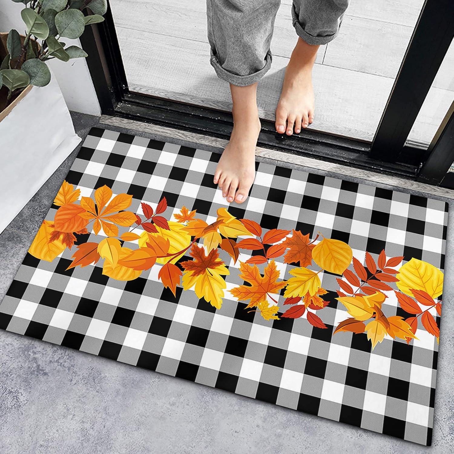Bath Rugs Entrance Non Slip Front Door Mat Fall Burnt Orange Leaves Kitchen Carpets Thanksgiving Maple Leaf Plaid Floor Mats for Bathroom Bedroom