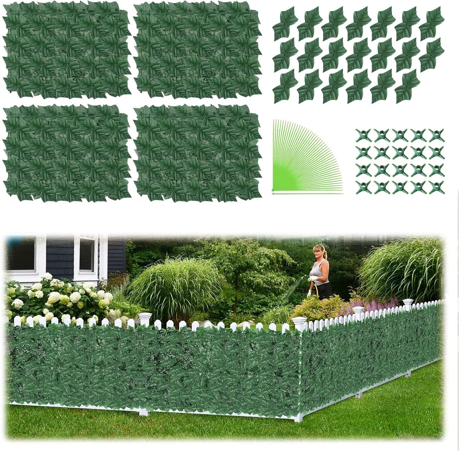 UIRWAY Valla de privacidad de hiedra artificial, valla de privacidad de hiedra de 16 x 12 pulgadas, valla decorativa de jardín, con 100 bridas de