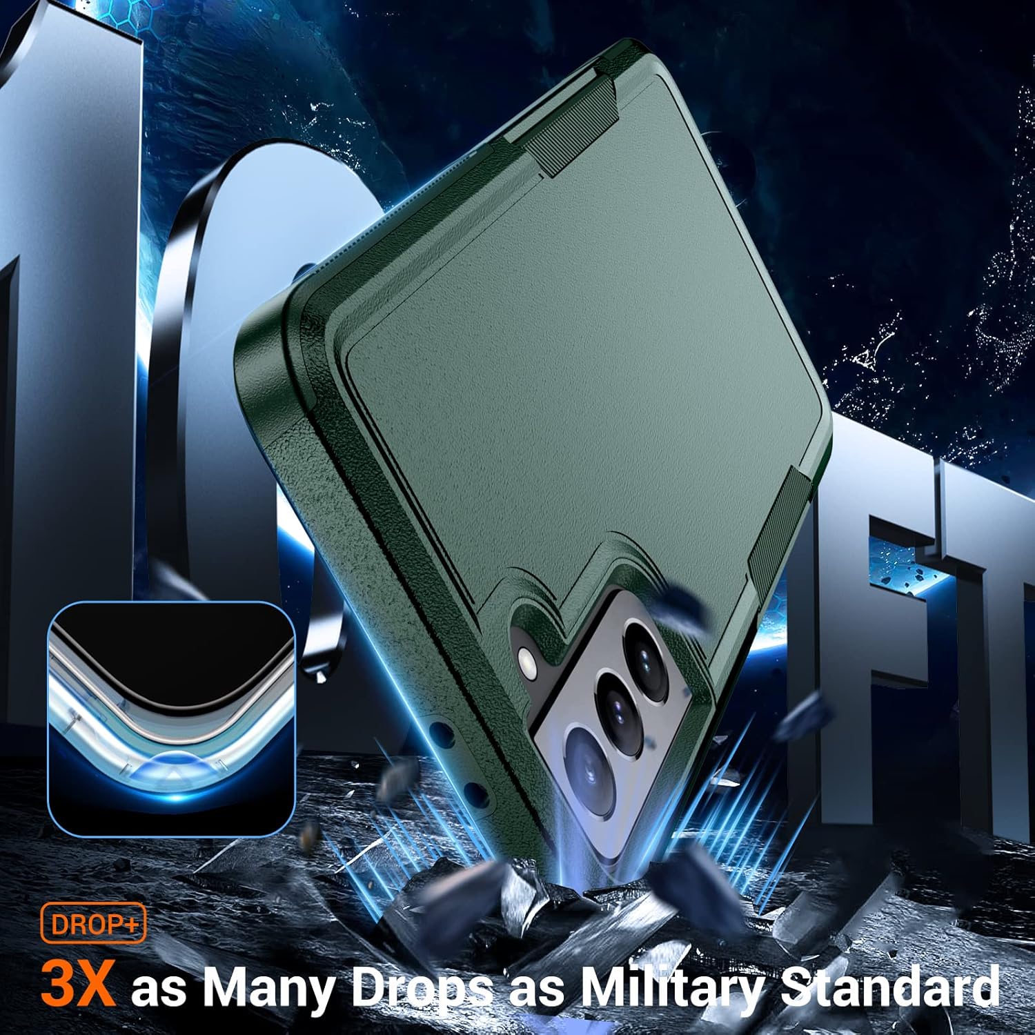 SPIDERCASE Funda para Samsung Galaxy S21, protección contra caídas de grado militar de 10 pies 2 protectores de pantalla de vidrio templado + 2